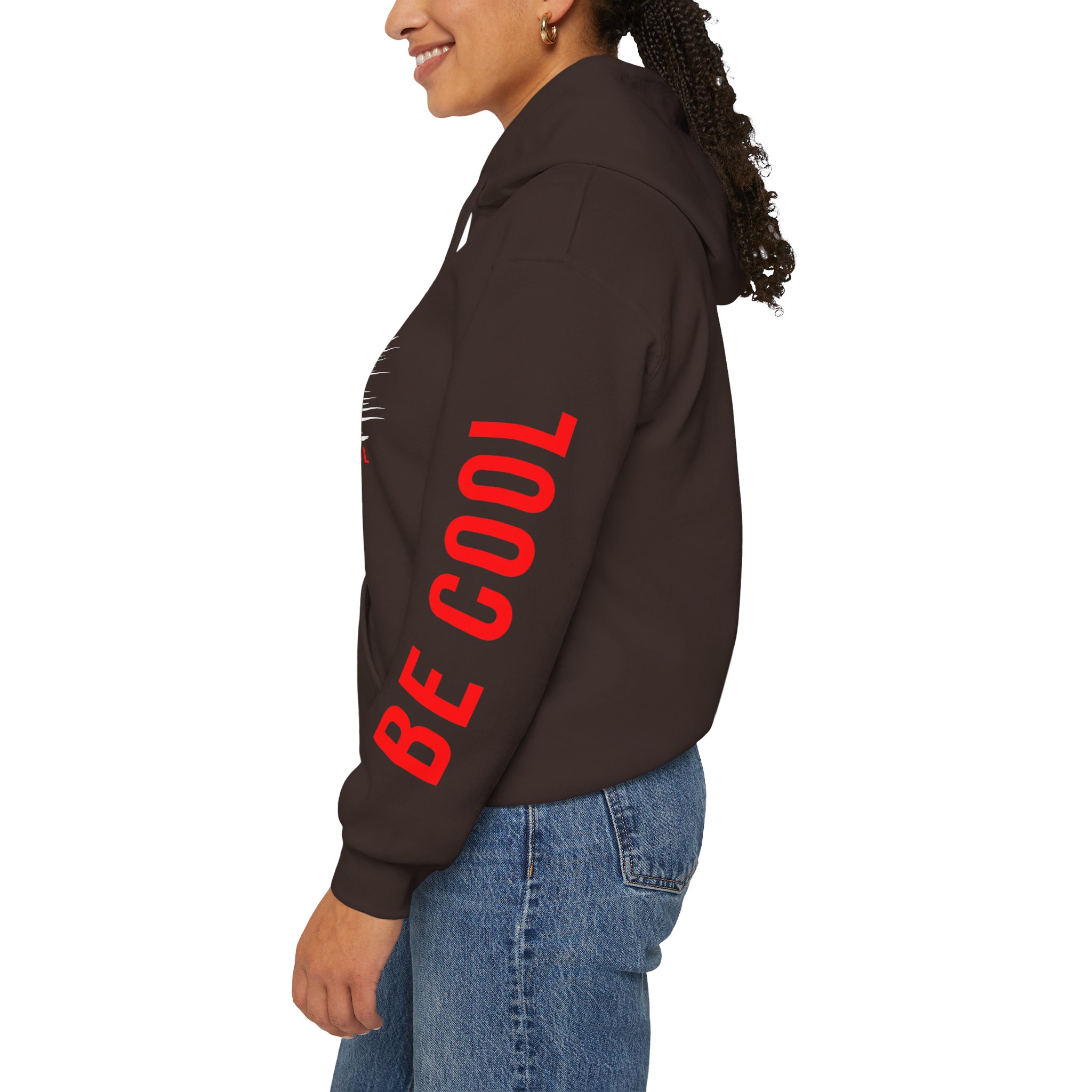 Just Be Cool Hoodie – Graphic Black Pullover with "JUST" Chest Print & Red Sleeve Text - Image 12