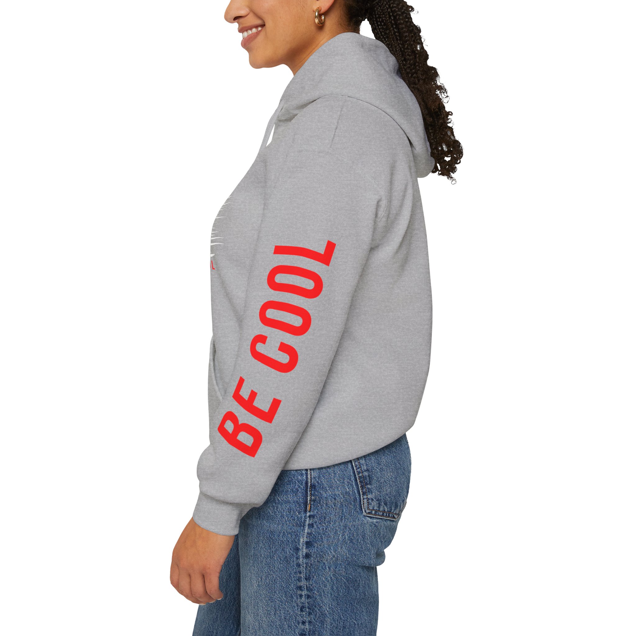 Just Be Cool Hoodie – Graphic Black Pullover with "JUST" Chest Print & Red Sleeve Text - Image 9