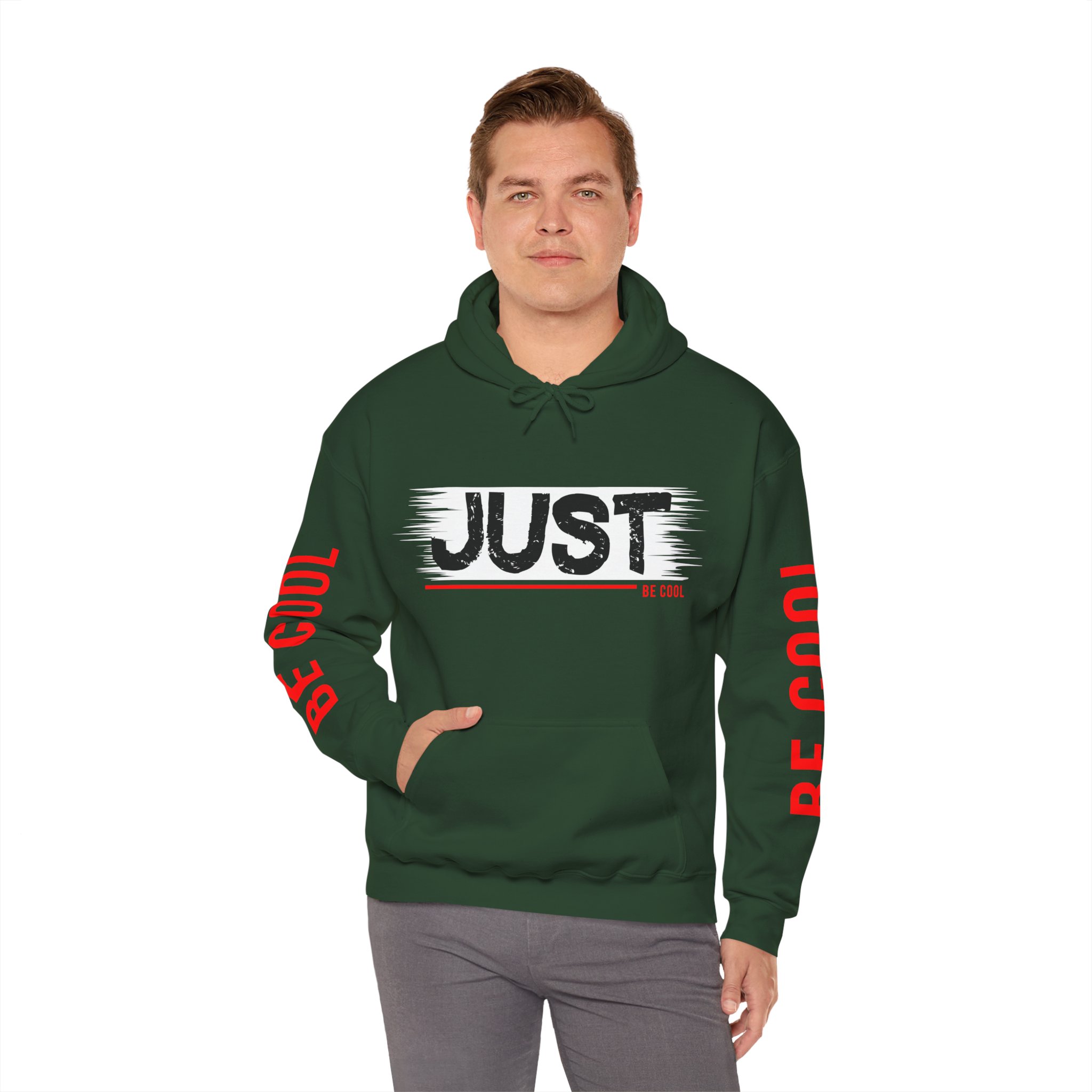 Just Be Cool Hoodie – Graphic Black Pullover with "JUST" Chest Print & Red Sleeve Text - Image 13