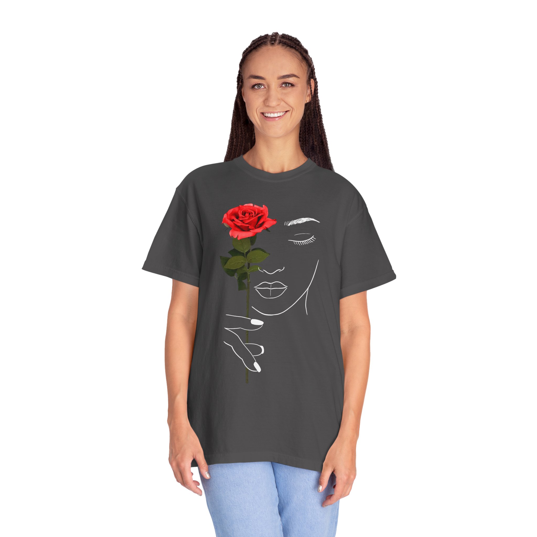 Rose Face Line Art T-Shirt — Minimalist Floral Graphic Tee - Image 9