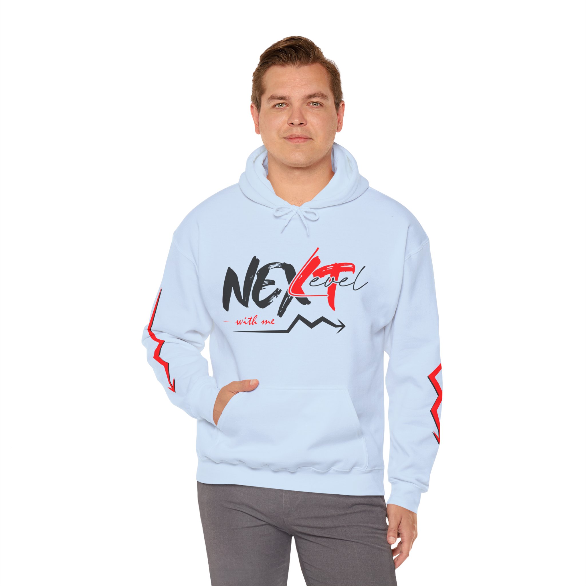Never Settle Hoodie — White Graphic Pullover with Red Sleeve Lightning - Image 16