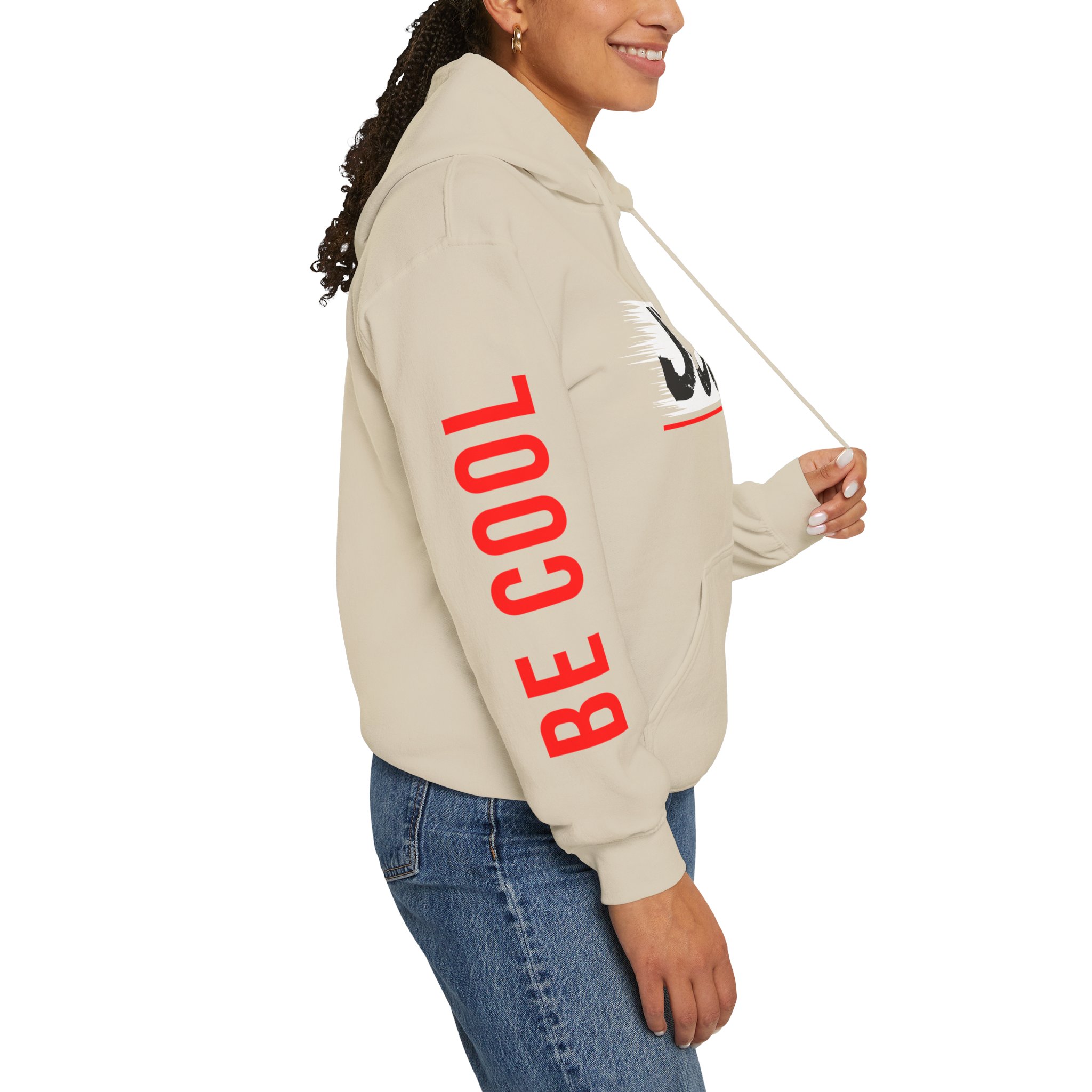 Just Be Cool Hoodie – Graphic Black Pullover with "JUST" Chest Print & Red Sleeve Text - Image 5