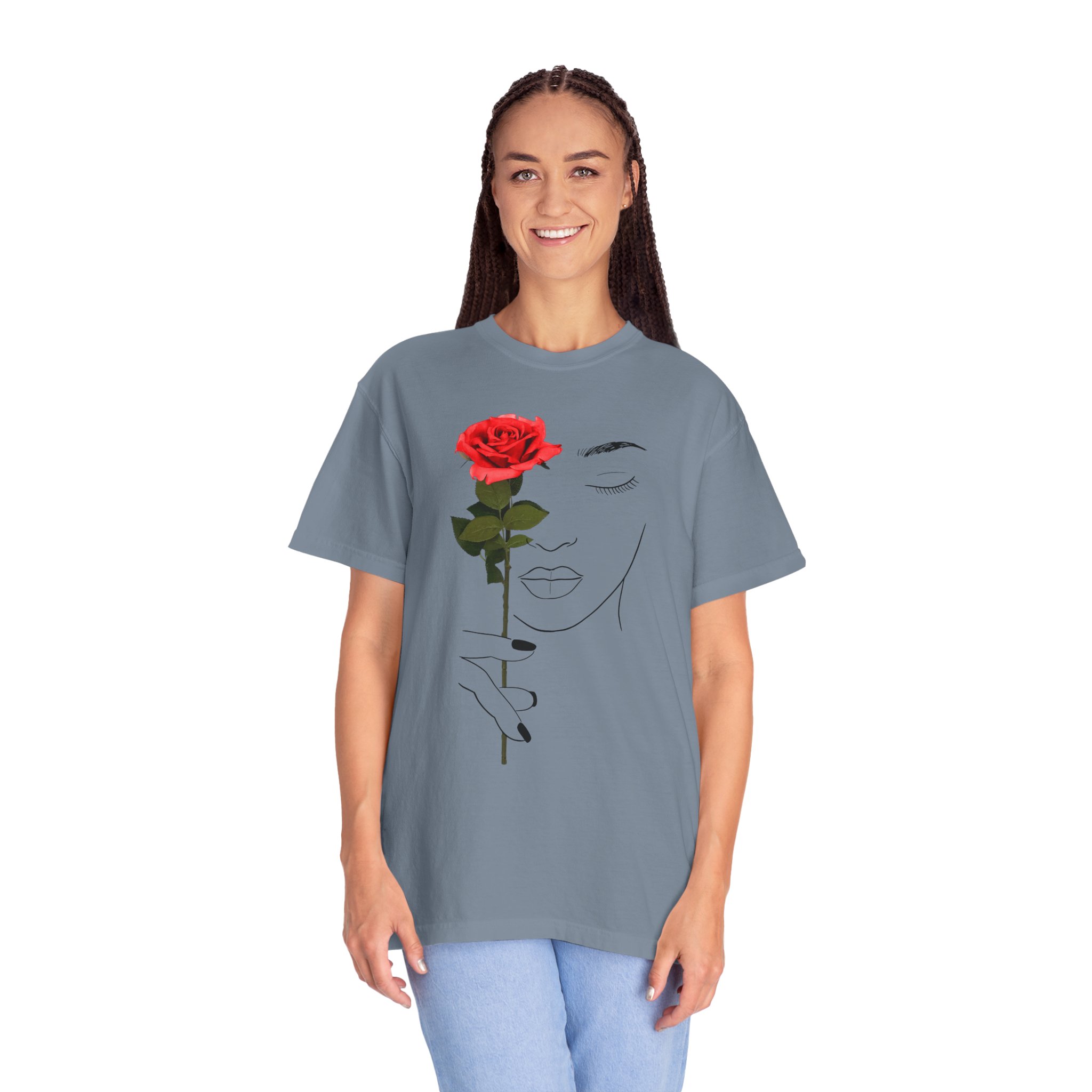 Minimal Line Art Rose T‑Shirt — Woman Holding Red Rose Graphic Tee - Image 13