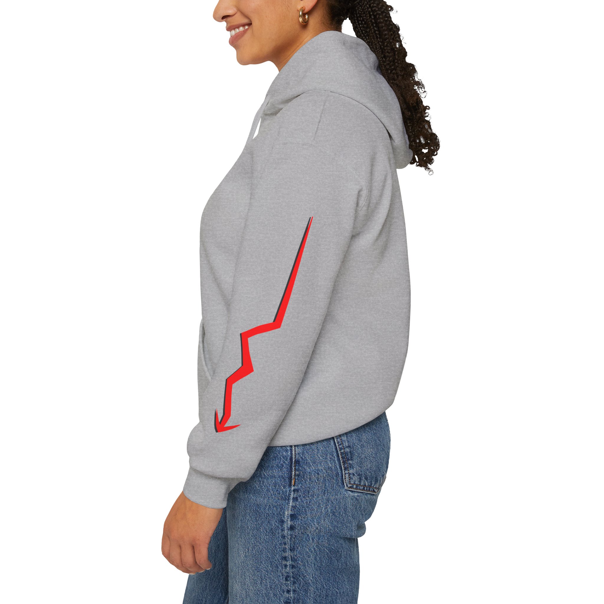 Never Settle Hoodie — White Graphic Pullover with Red Sleeve Lightning - Image 12