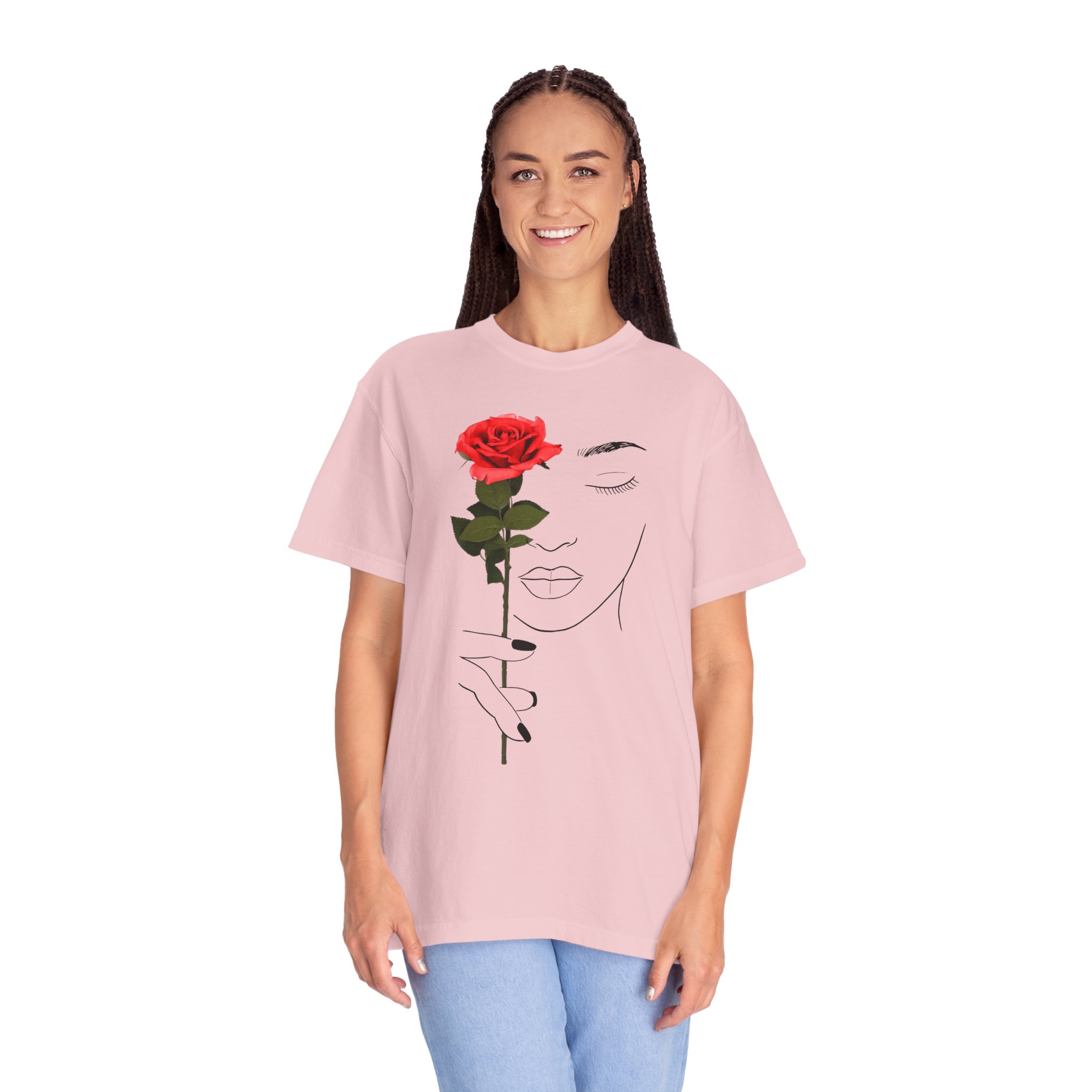 Minimal Line Art Rose T‑Shirt — Woman Holding Red Rose Graphic Tee - Image 18