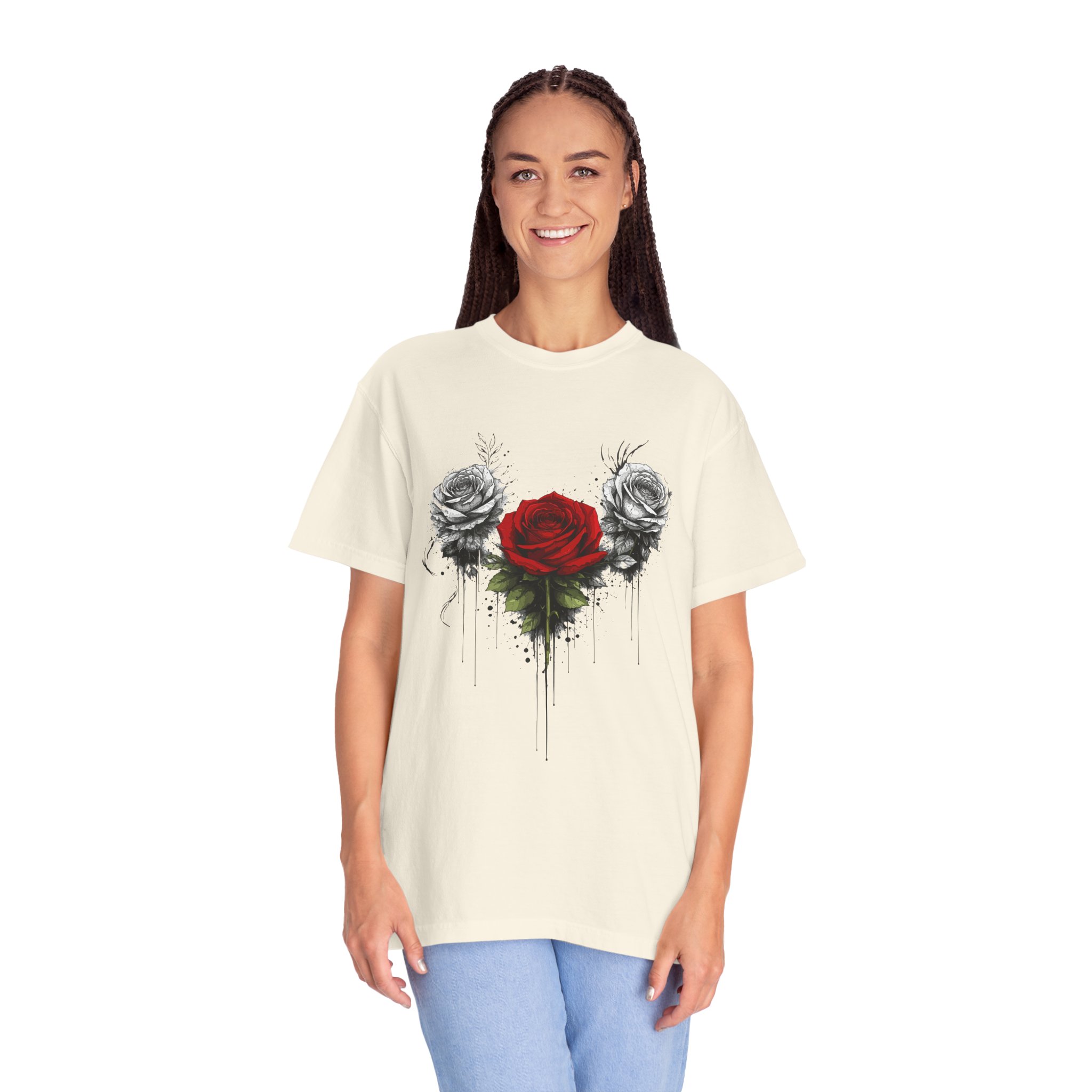 Rose Trio Graphic T-Shirt — Red Center Rose with Black & White Floral Art - Image 4