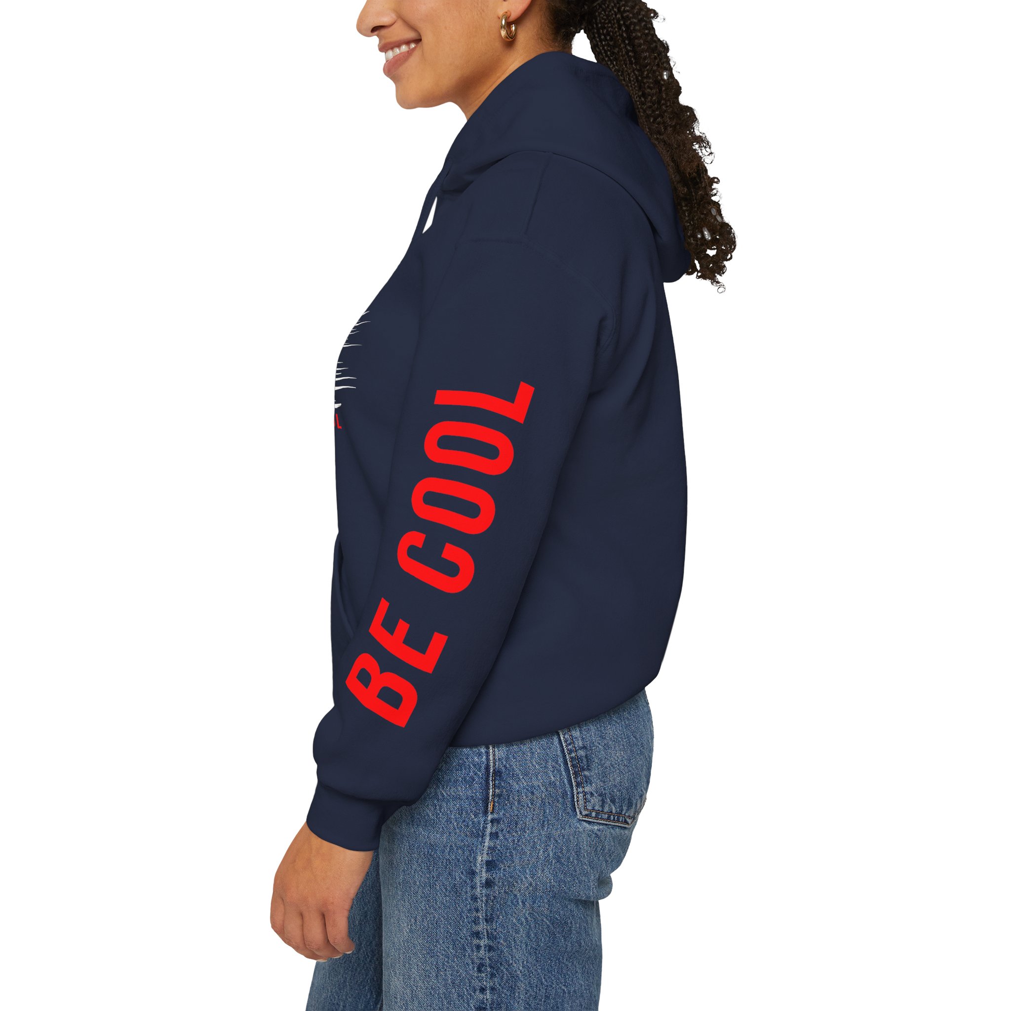Just Be Cool Hoodie – Graphic Black Pullover with "JUST" Chest Print & Red Sleeve Text - Image 24