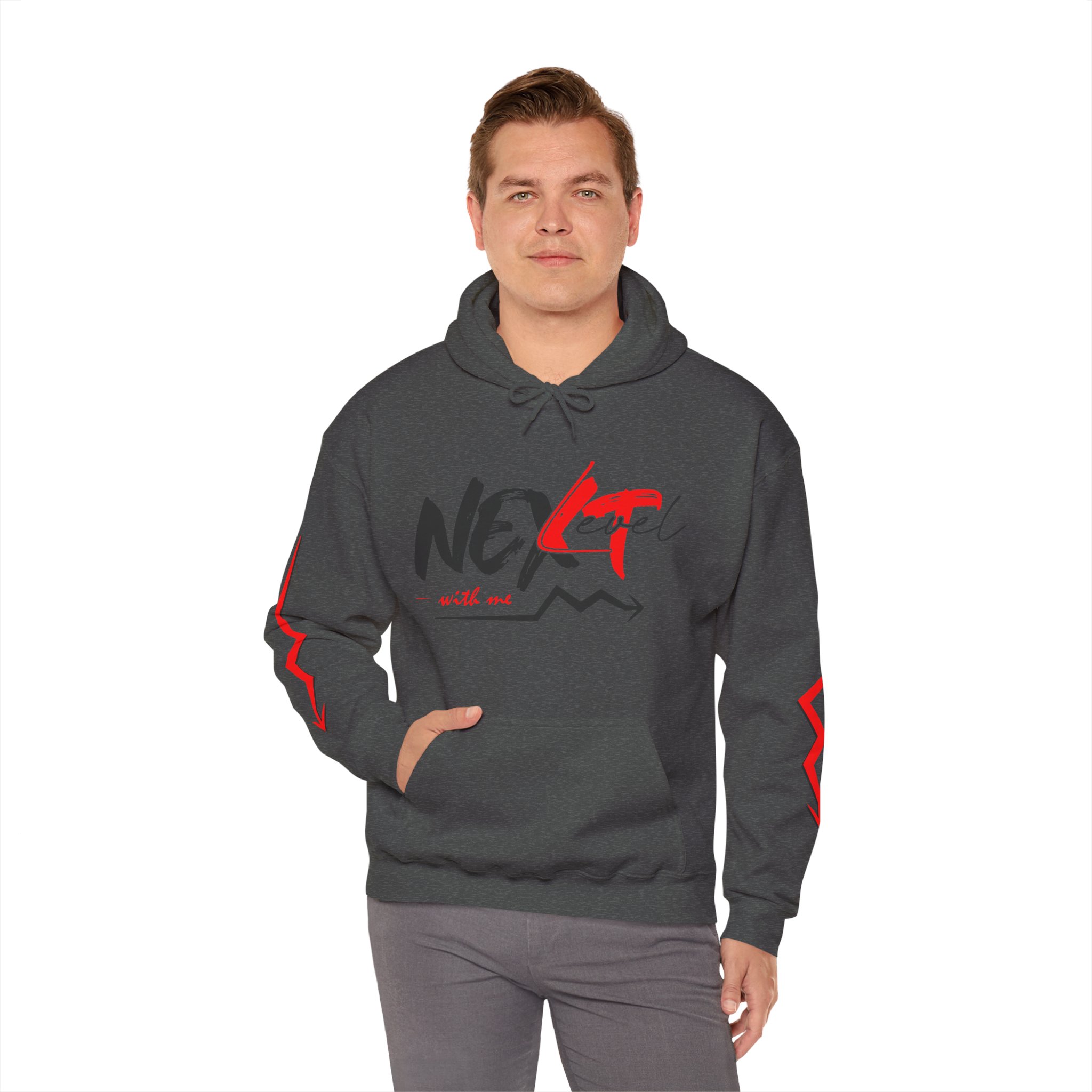Never Settle Hoodie — White Graphic Pullover with Red Sleeve Lightning - Image 13