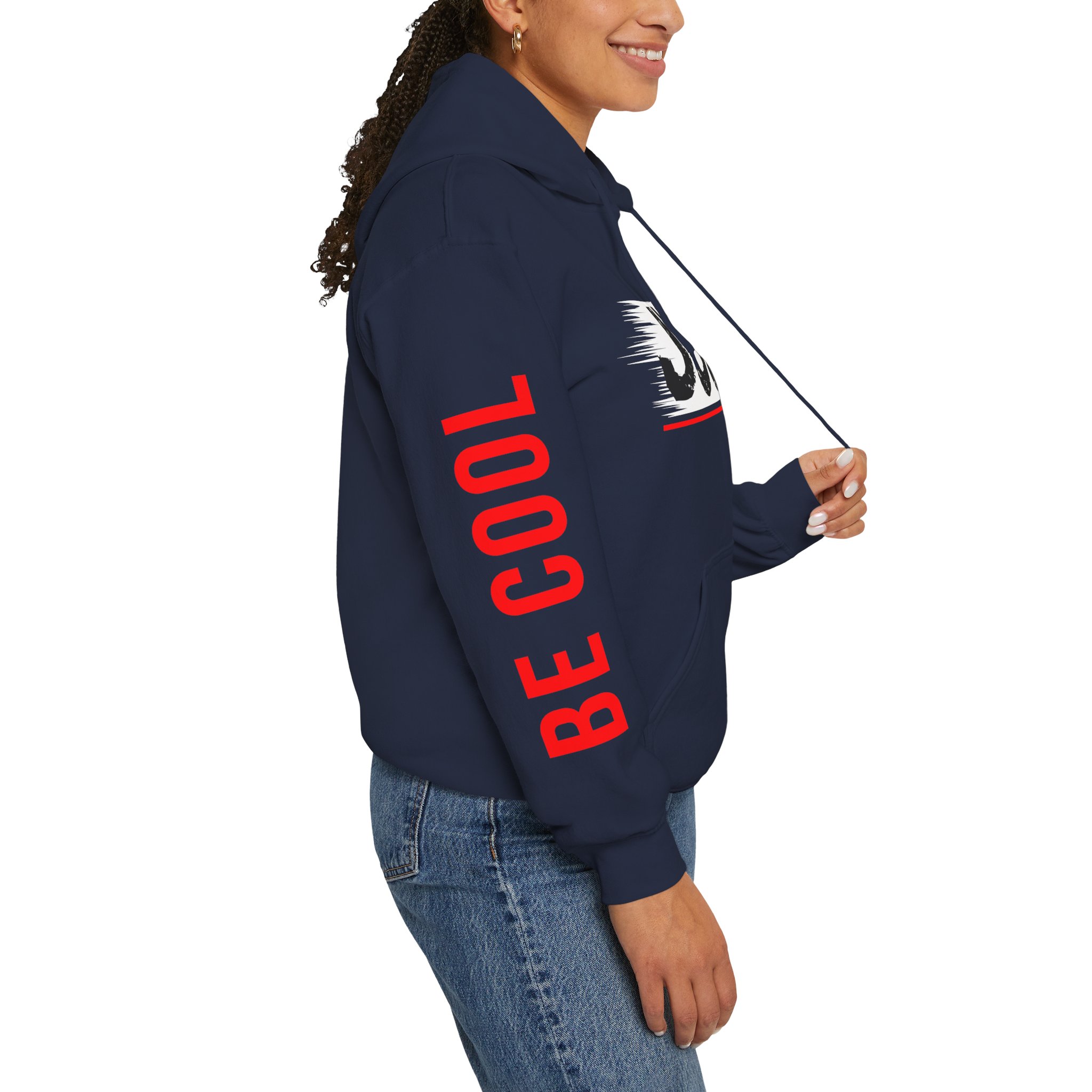 Just Be Cool Hoodie – Graphic Black Pullover with "JUST" Chest Print & Red Sleeve Text - Image 23
