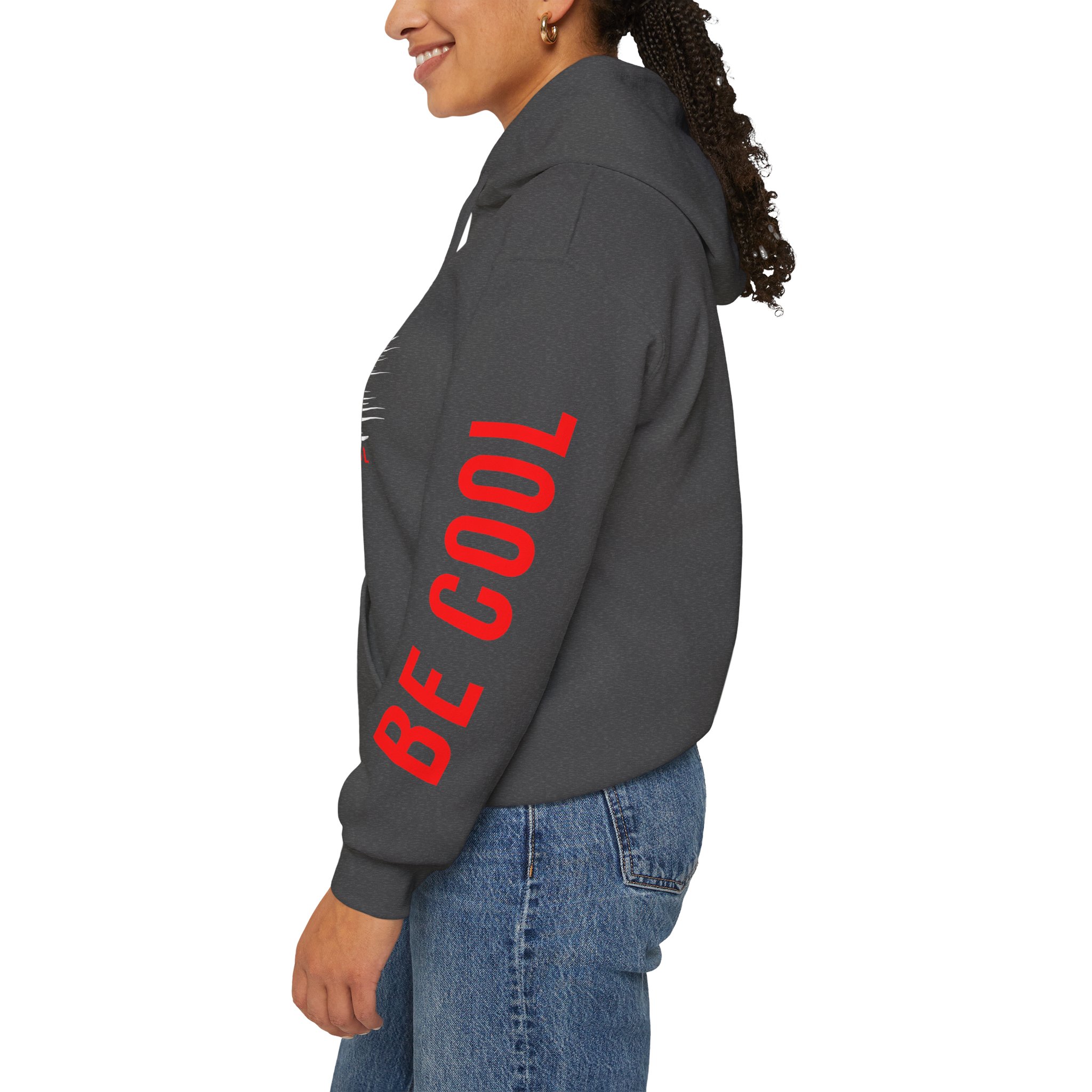 Just Be Cool Hoodie – Graphic Black Pullover with "JUST" Chest Print & Red Sleeve Text - Image 18