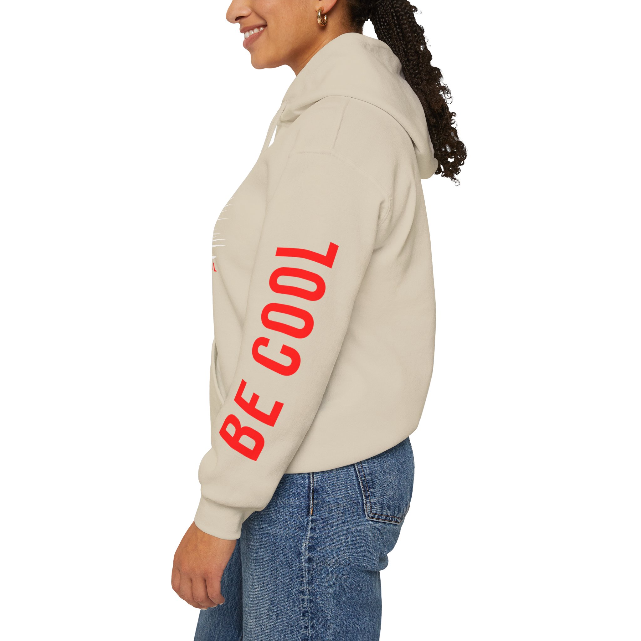 Just Be Cool Hoodie – Graphic Black Pullover with "JUST" Chest Print & Red Sleeve Text - Image 6