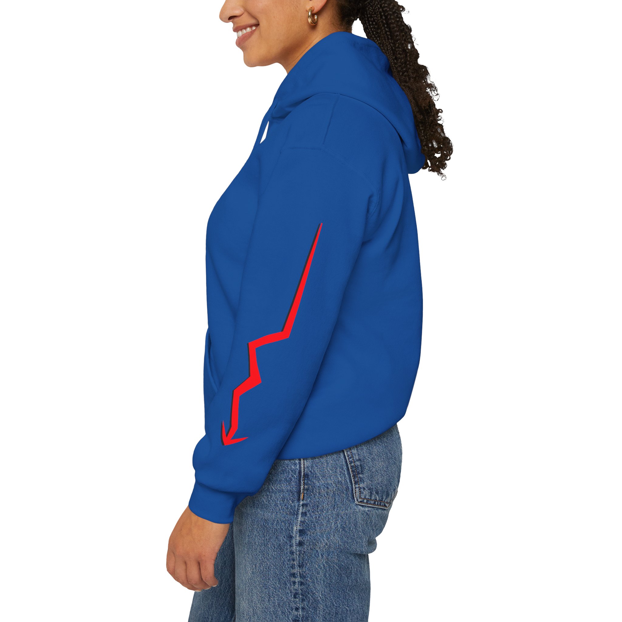 Never Settle Hoodie — White Graphic Pullover with Red Sleeve Lightning - Image 21