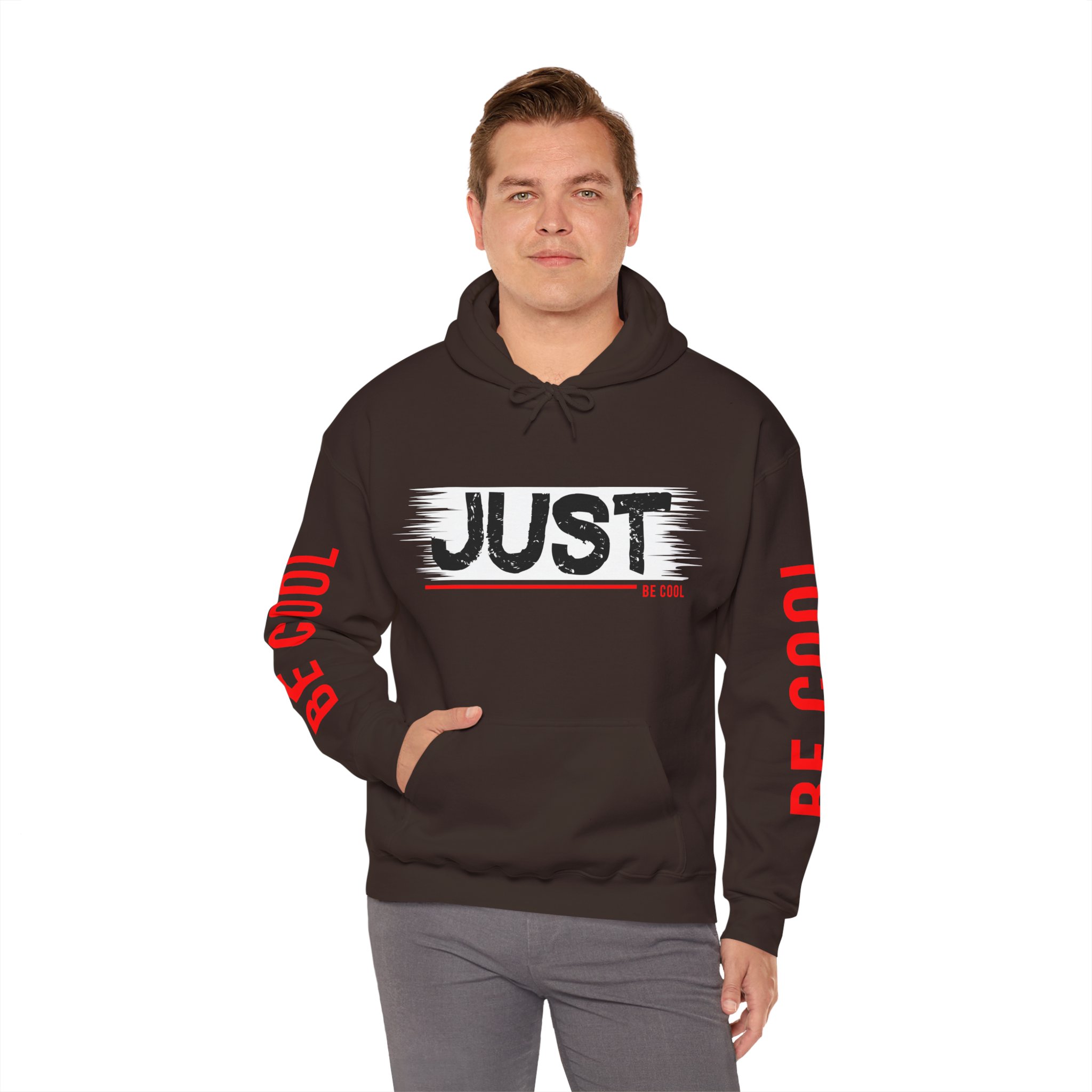 Just Be Cool Hoodie – Graphic Black Pullover with "JUST" Chest Print & Red Sleeve Text - Image 10