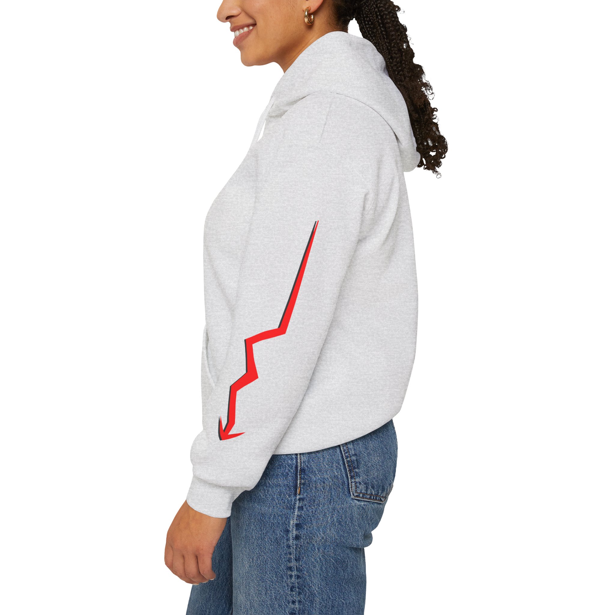 Never Settle Hoodie — White Graphic Pullover with Red Sleeve Lightning - Image 6