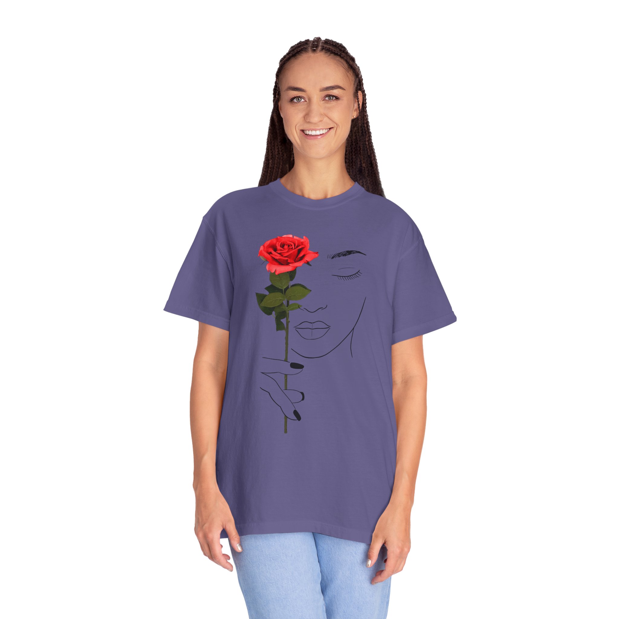 Minimal Line Art Rose T‑Shirt — Woman Holding Red Rose Graphic Tee - Image 16