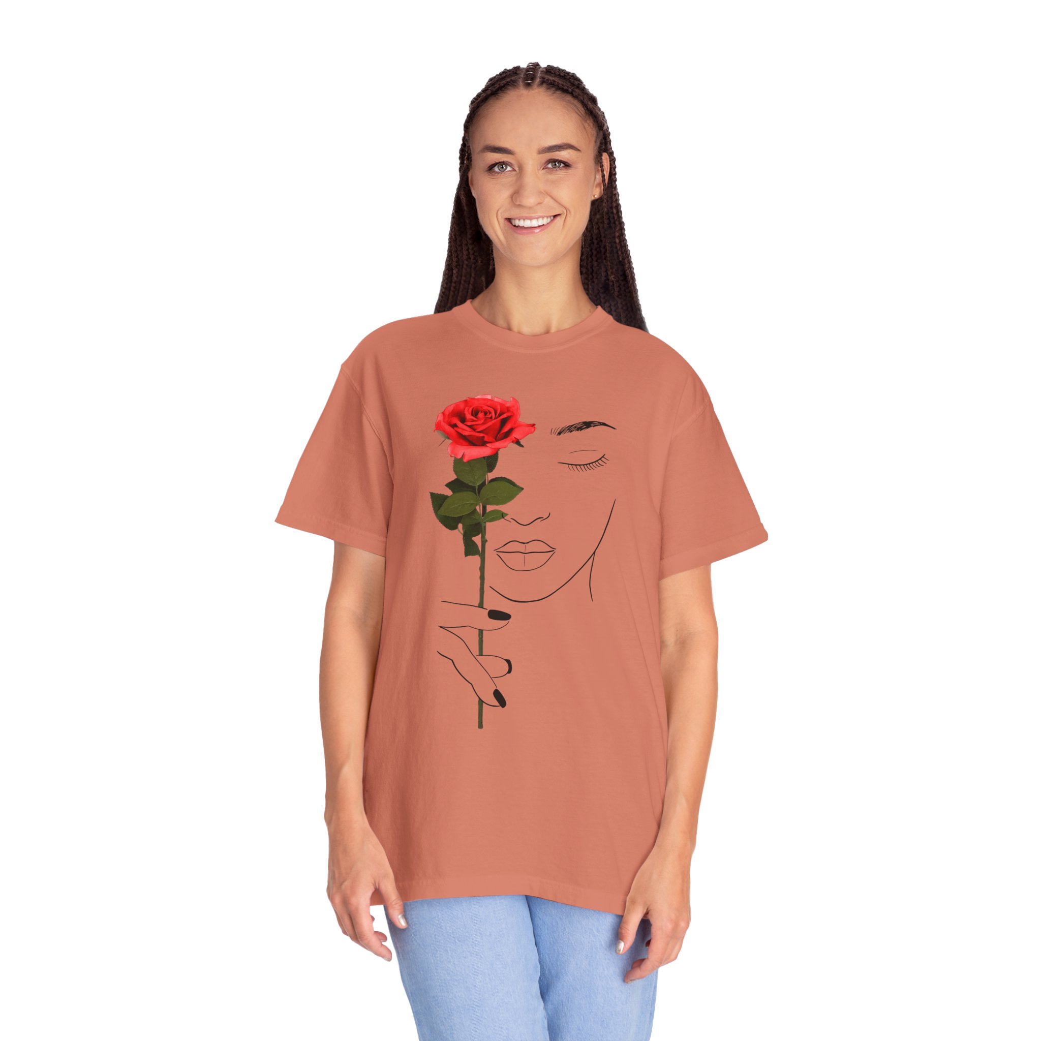 Minimal Line Art Rose T‑Shirt — Woman Holding Red Rose Graphic Tee - Image 2
