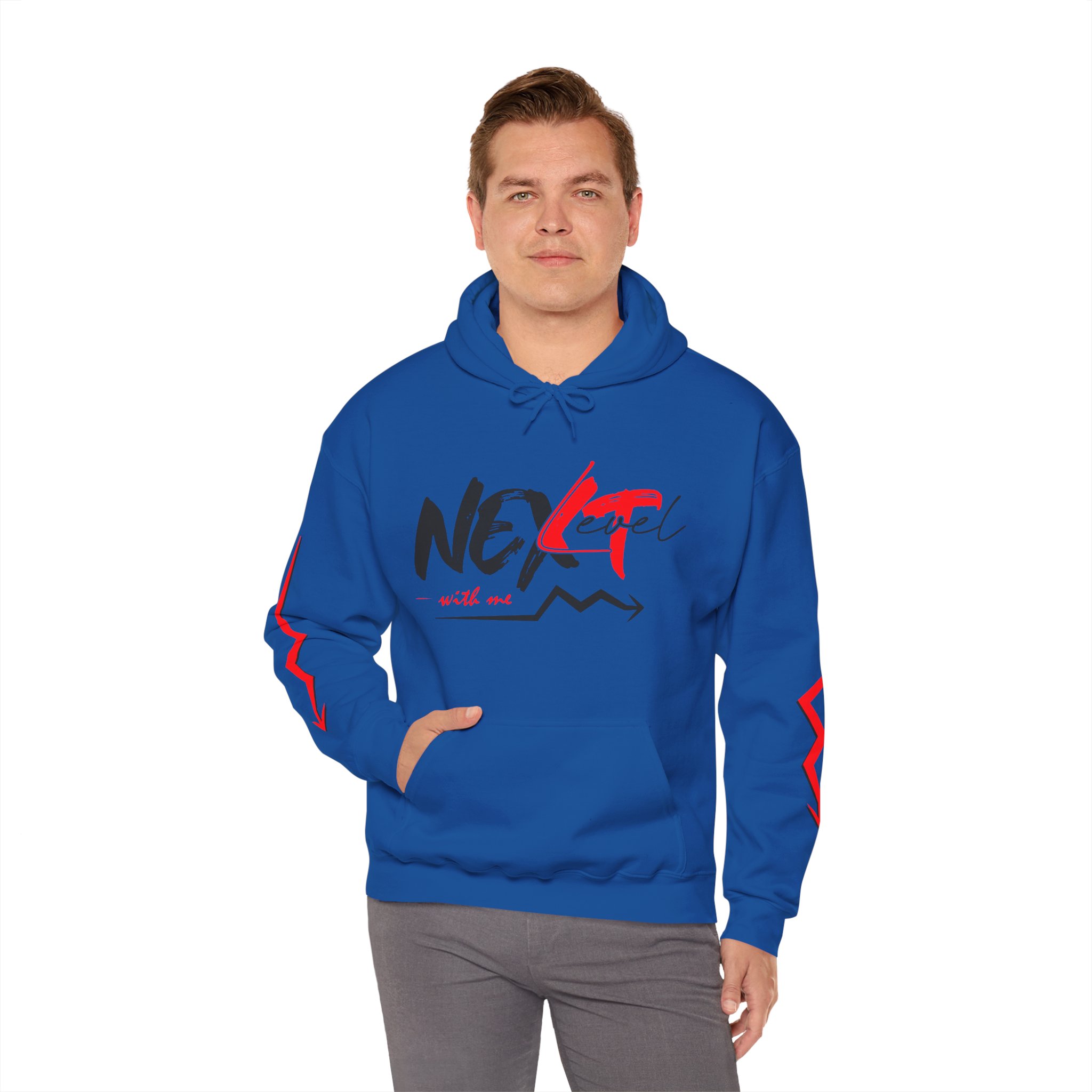 Never Settle Hoodie — White Graphic Pullover with Red Sleeve Lightning - Image 19