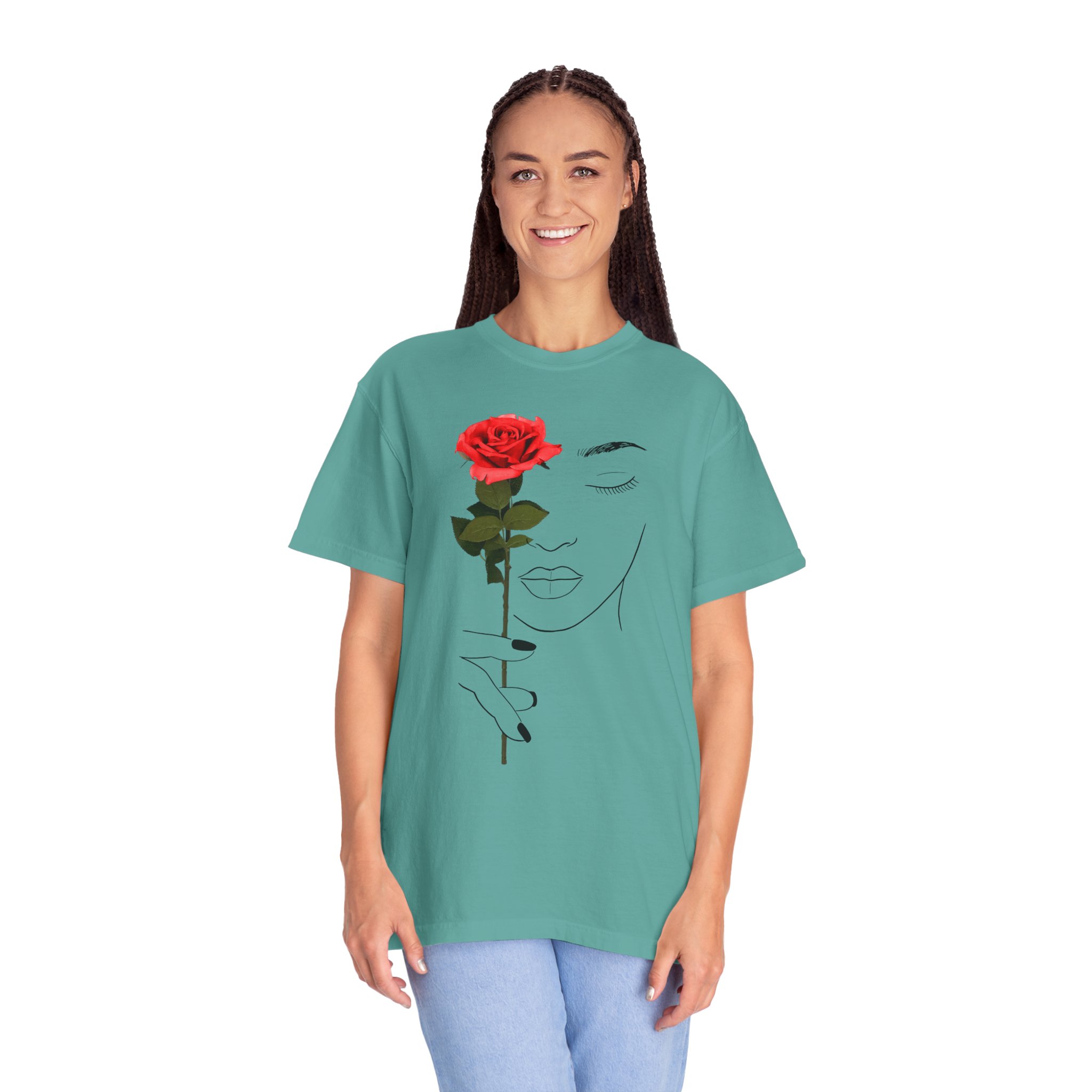 Minimal Line Art Rose T‑Shirt — Woman Holding Red Rose Graphic Tee - Image 11
