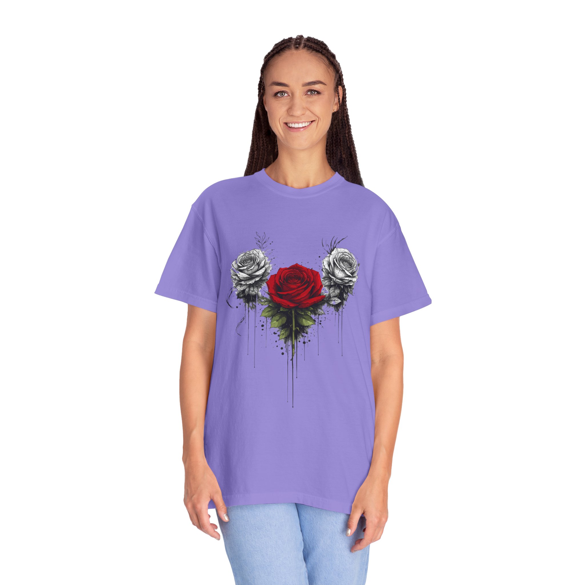 Rose Trio Graphic T-Shirt — Red Center Rose with Black & White Floral Art - Image 16