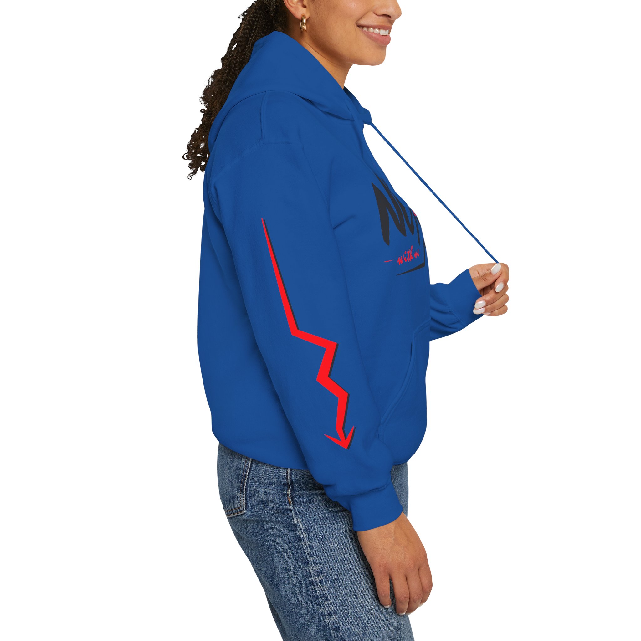 Never Settle Hoodie — White Graphic Pullover with Red Sleeve Lightning - Image 20