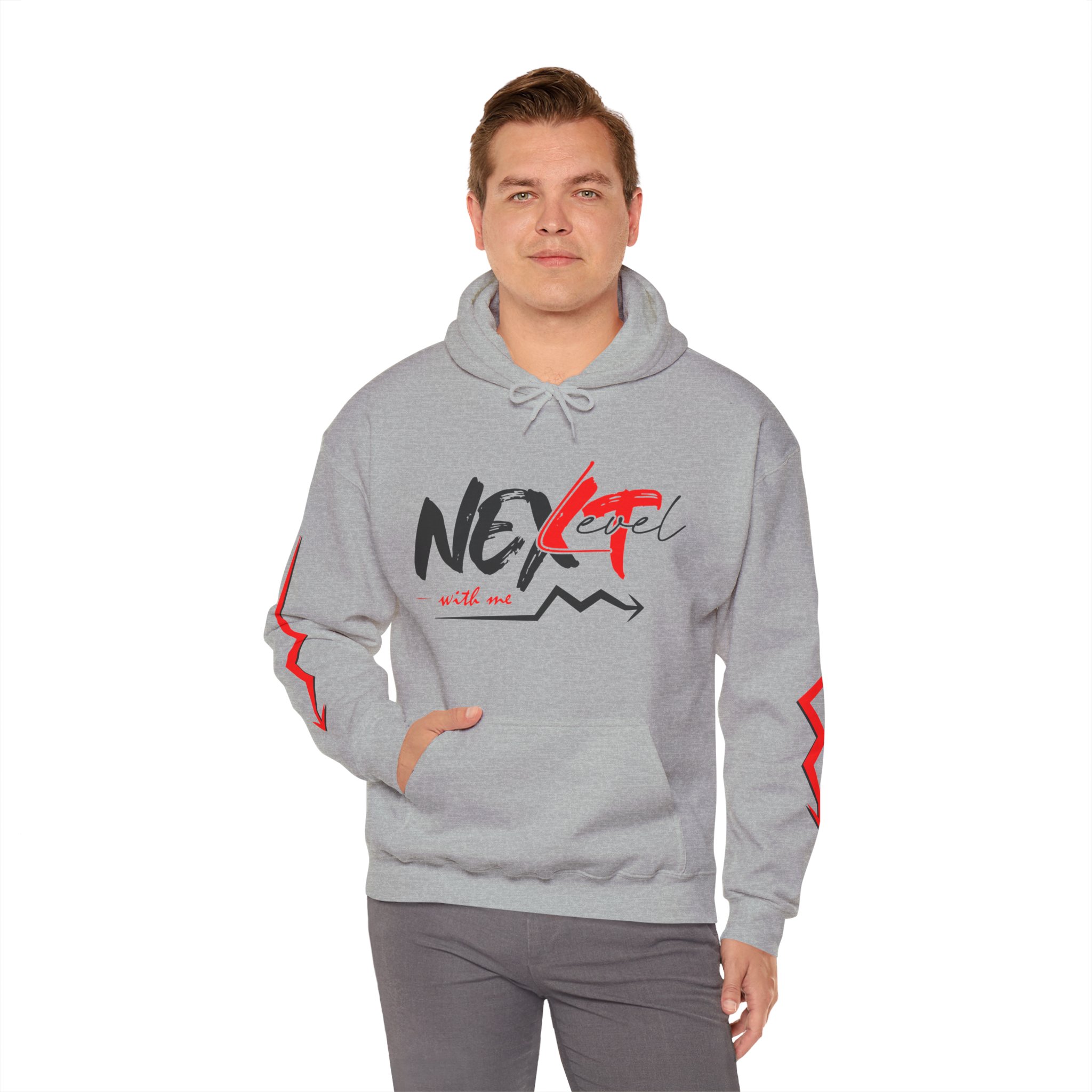 Never Settle Hoodie — White Graphic Pullover with Red Sleeve Lightning - Image 10