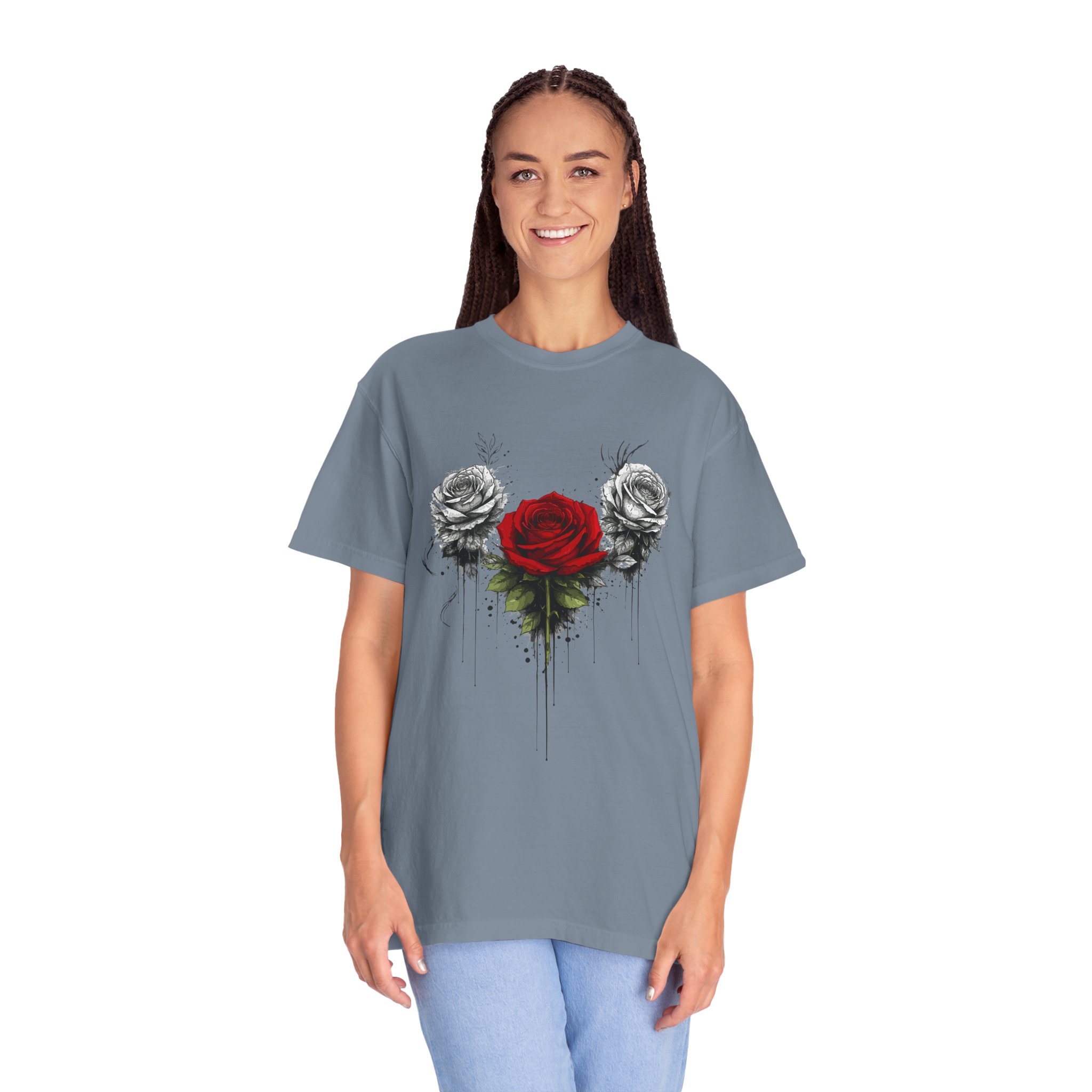 Rose Trio Graphic T-Shirt — Red Center Rose with Black & White Floral Art - Image 14