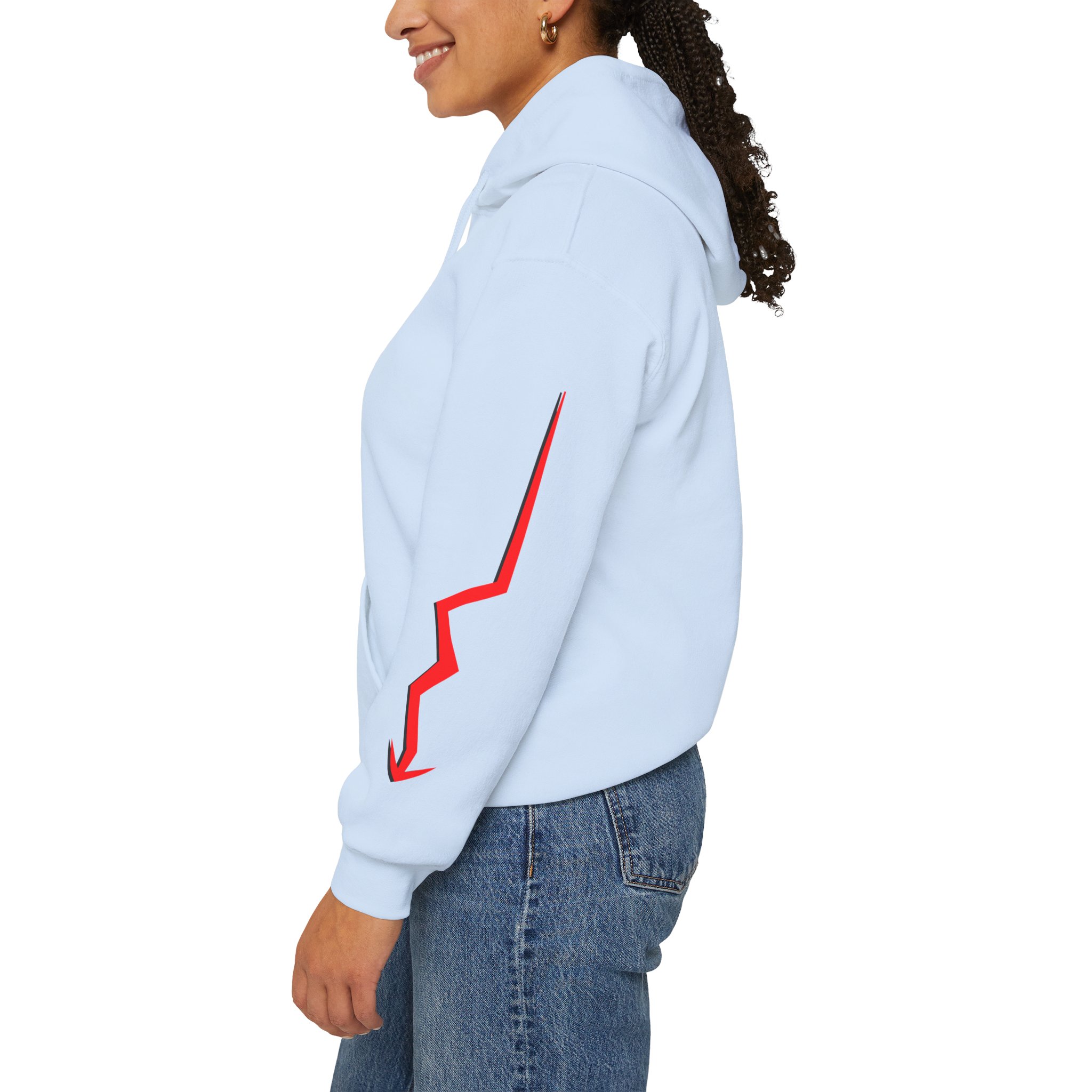 Never Settle Hoodie — White Graphic Pullover with Red Sleeve Lightning - Image 18