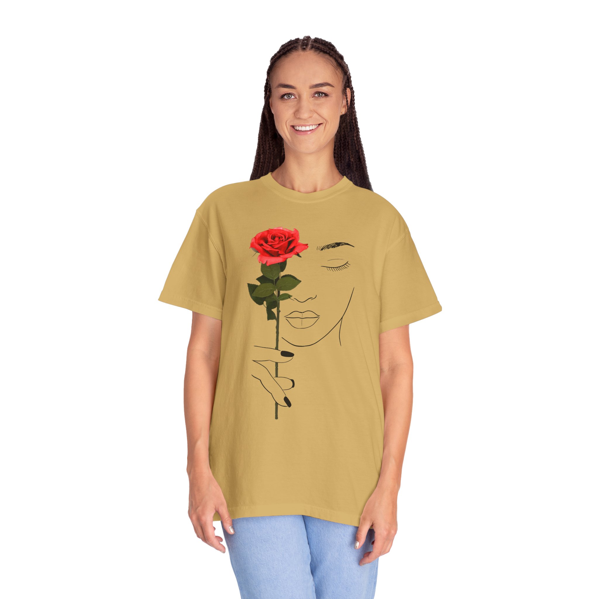 Minimal Line Art Rose T‑Shirt — Woman Holding Red Rose Graphic Tee - Image 5