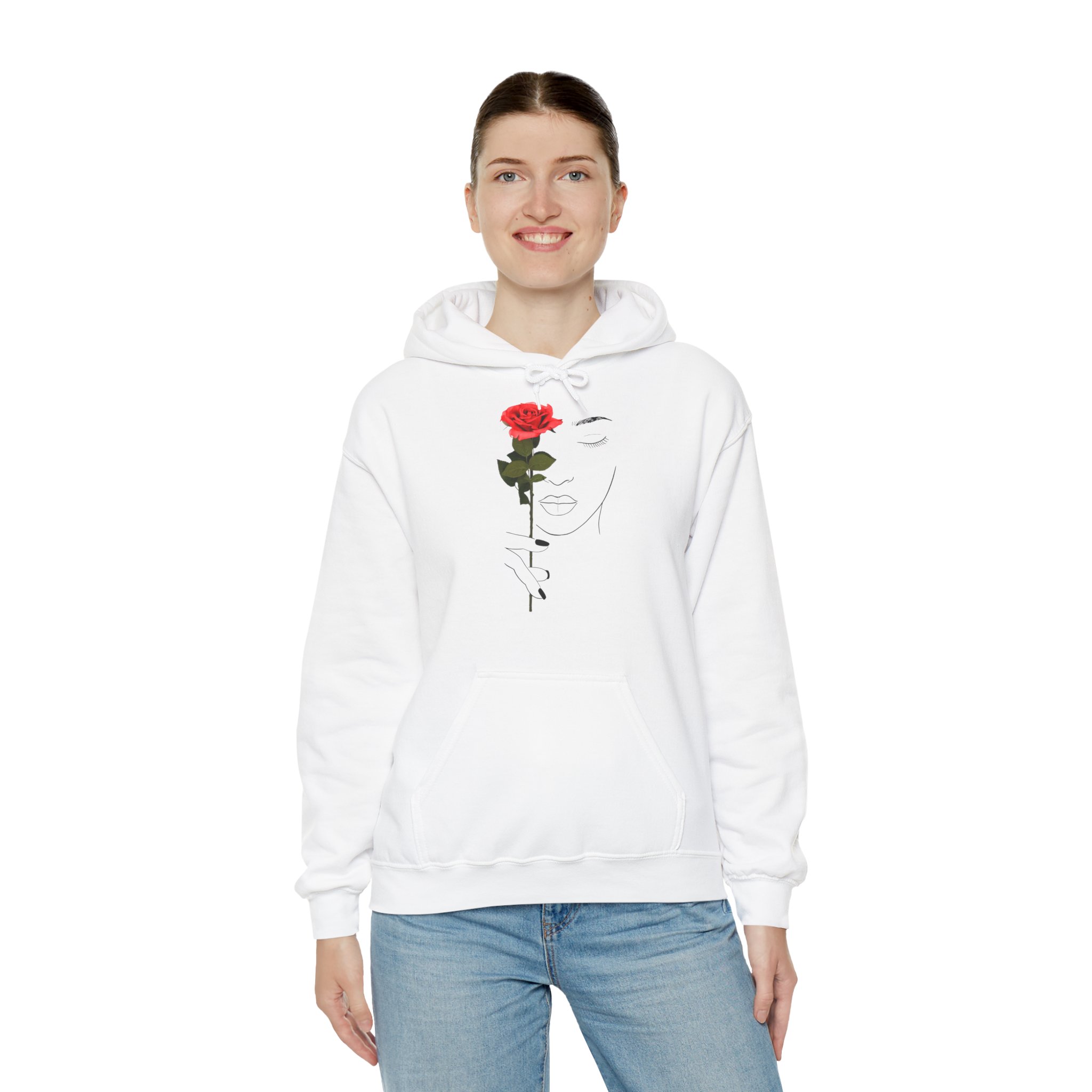 Minimal Rose Face Hoodie — Feminine Line Art Hoodie with Red Rose