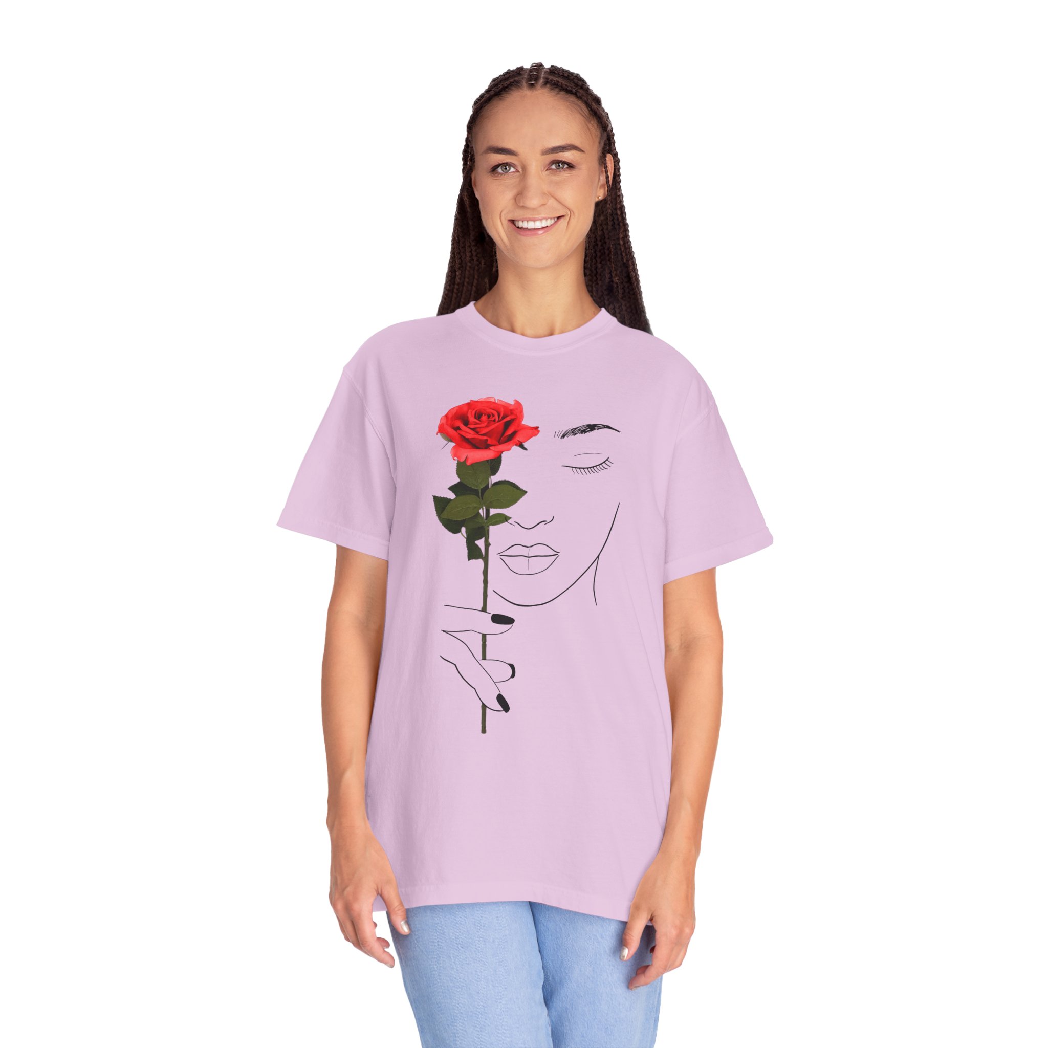 Minimal Line Art Rose T‑Shirt — Woman Holding Red Rose Graphic Tee - Image 17
