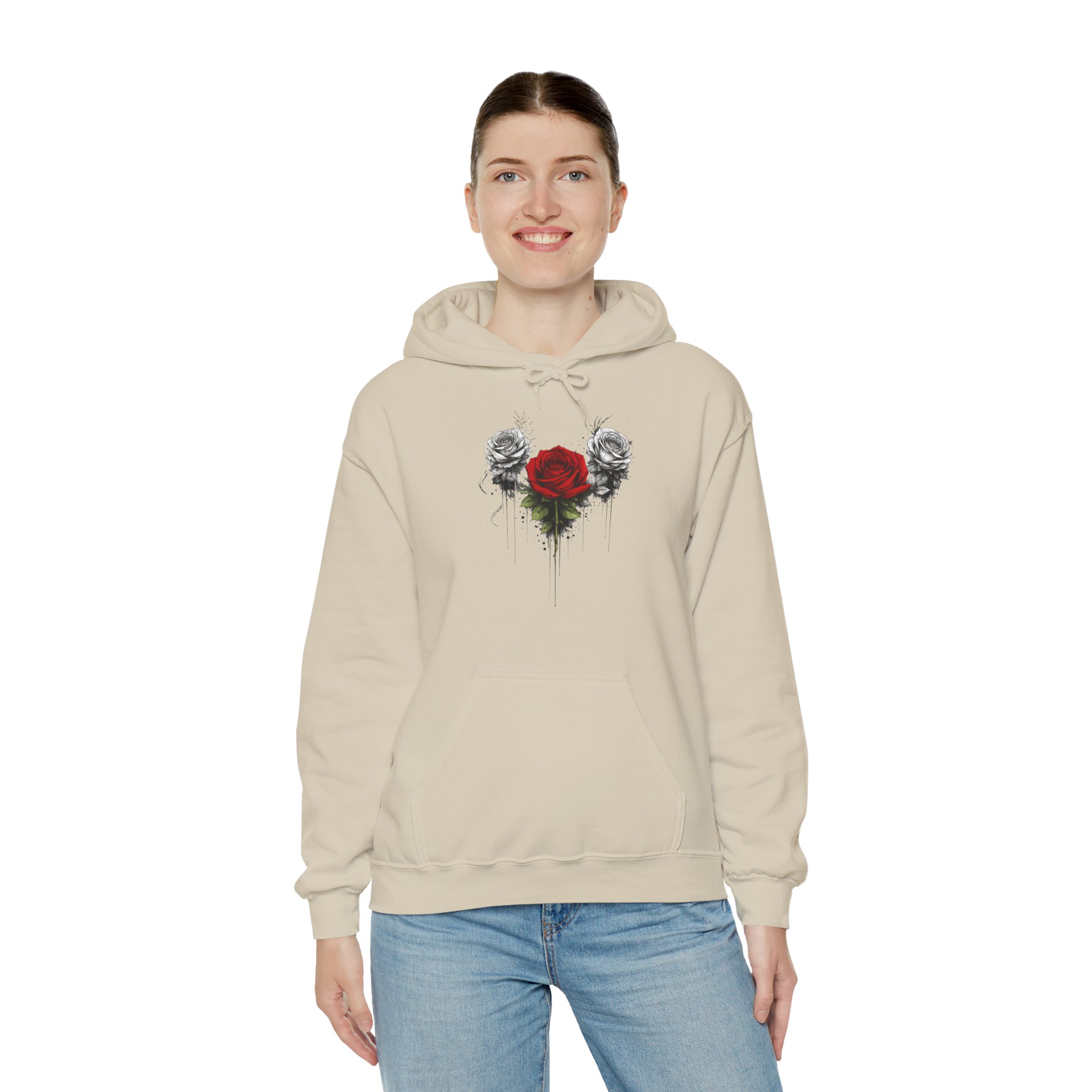 Rose Heart Hoodie — Gothic Red Rose with Black Floral Sketch - Image 3