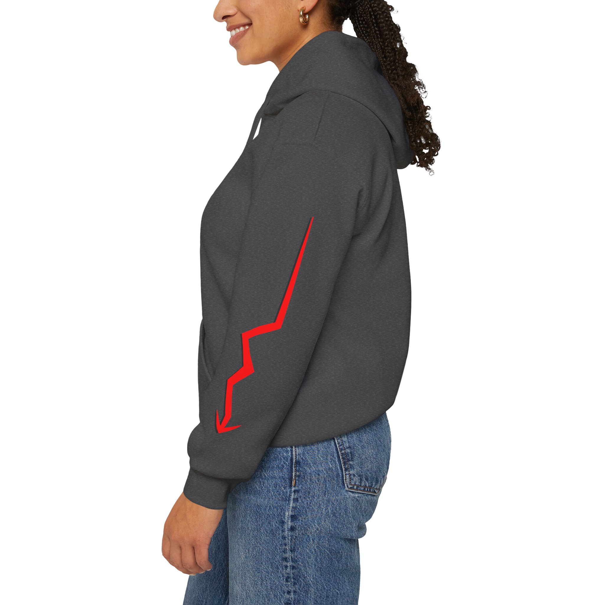 Never Settle Hoodie — White Graphic Pullover with Red Sleeve Lightning - Image 15