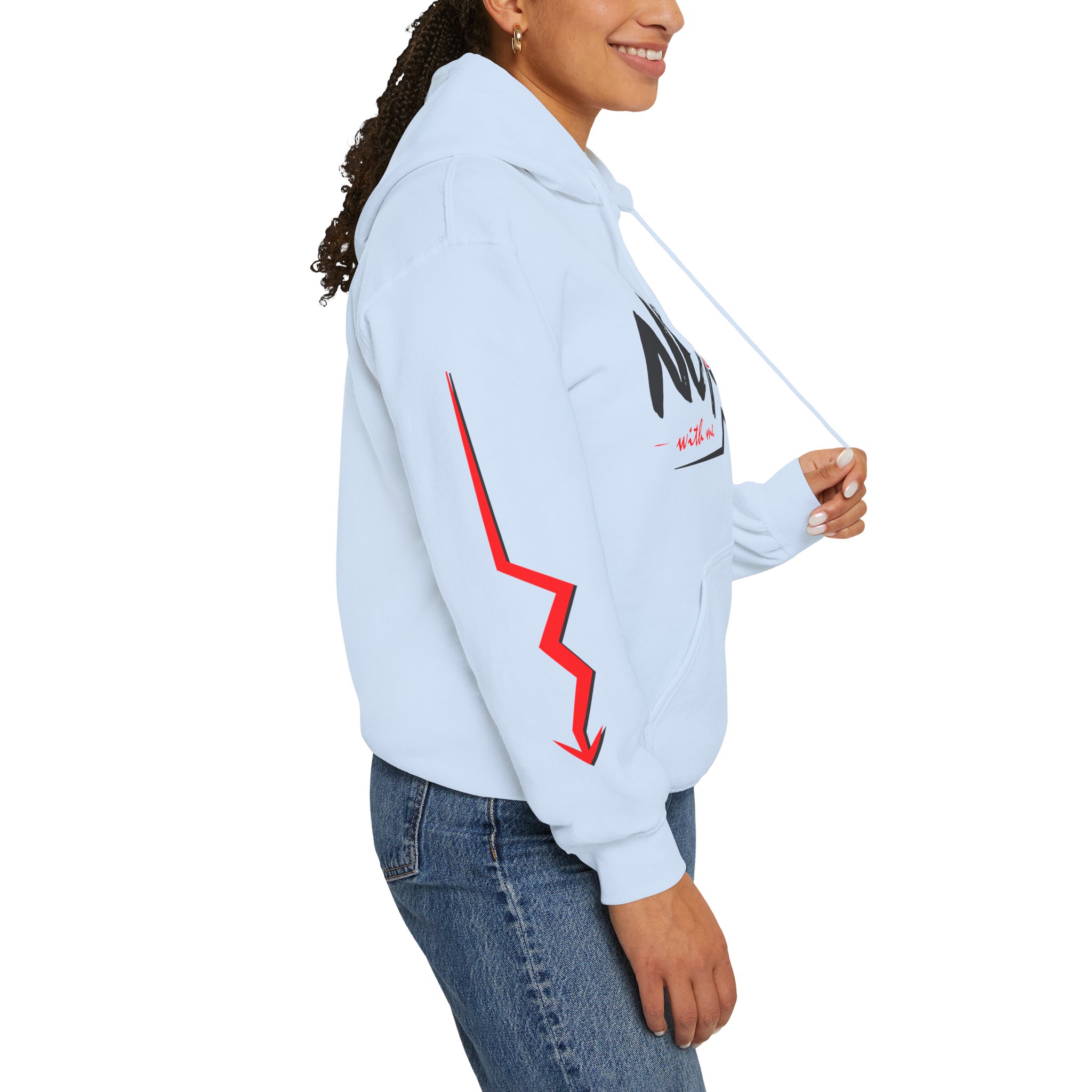 Never Settle Hoodie — White Graphic Pullover with Red Sleeve Lightning - Image 17