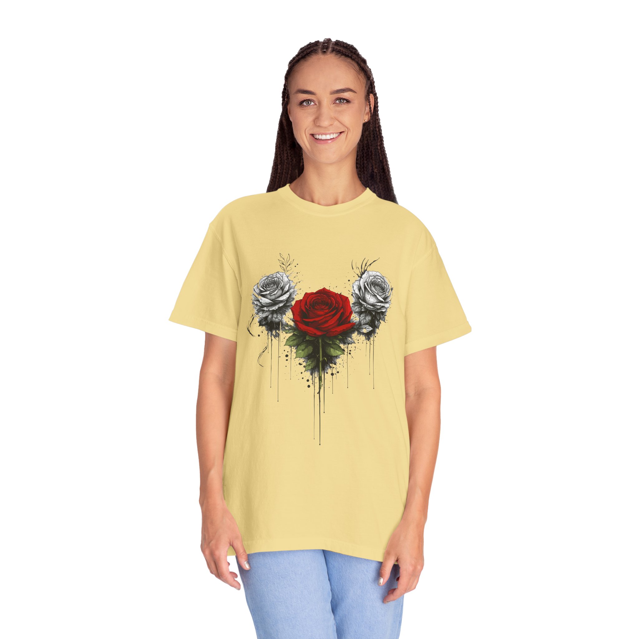 Rose Trio Graphic T-Shirt — Red Center Rose with Black & White Floral Art - Image 8