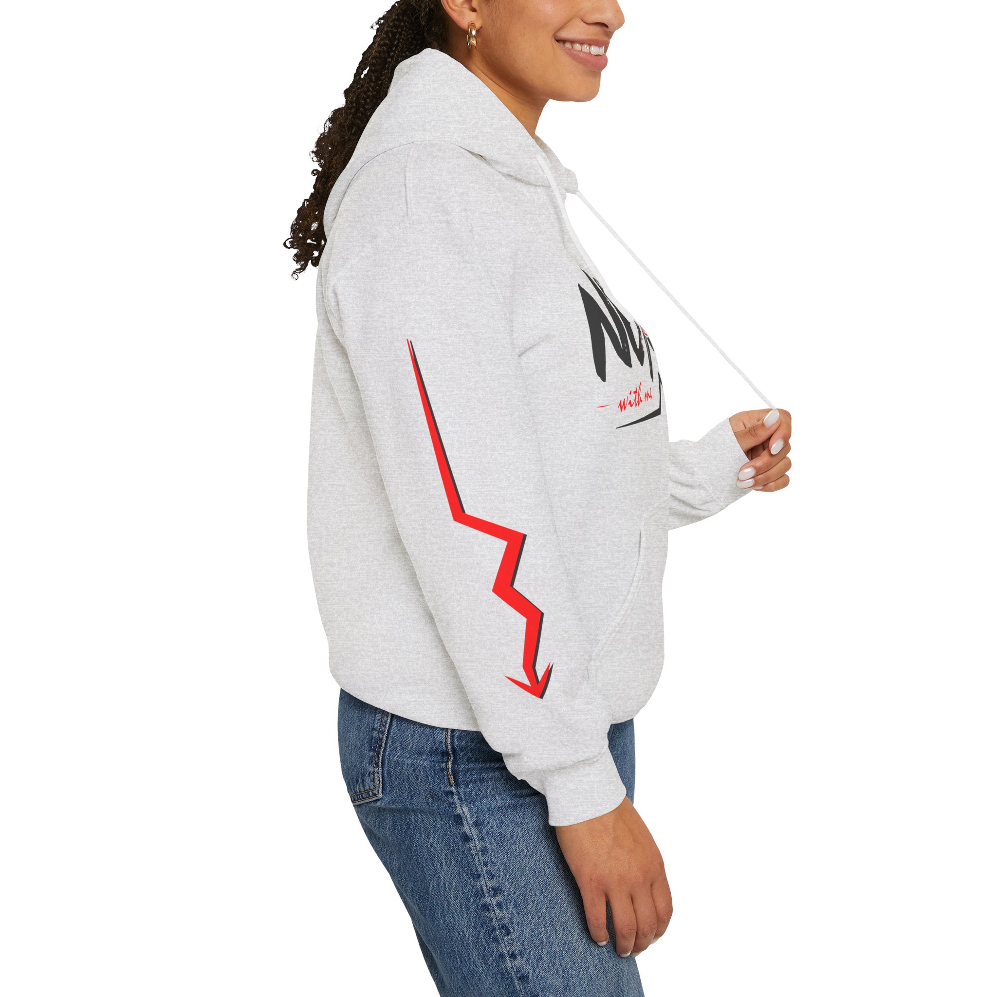 Never Settle Hoodie — White Graphic Pullover with Red Sleeve Lightning - Image 5