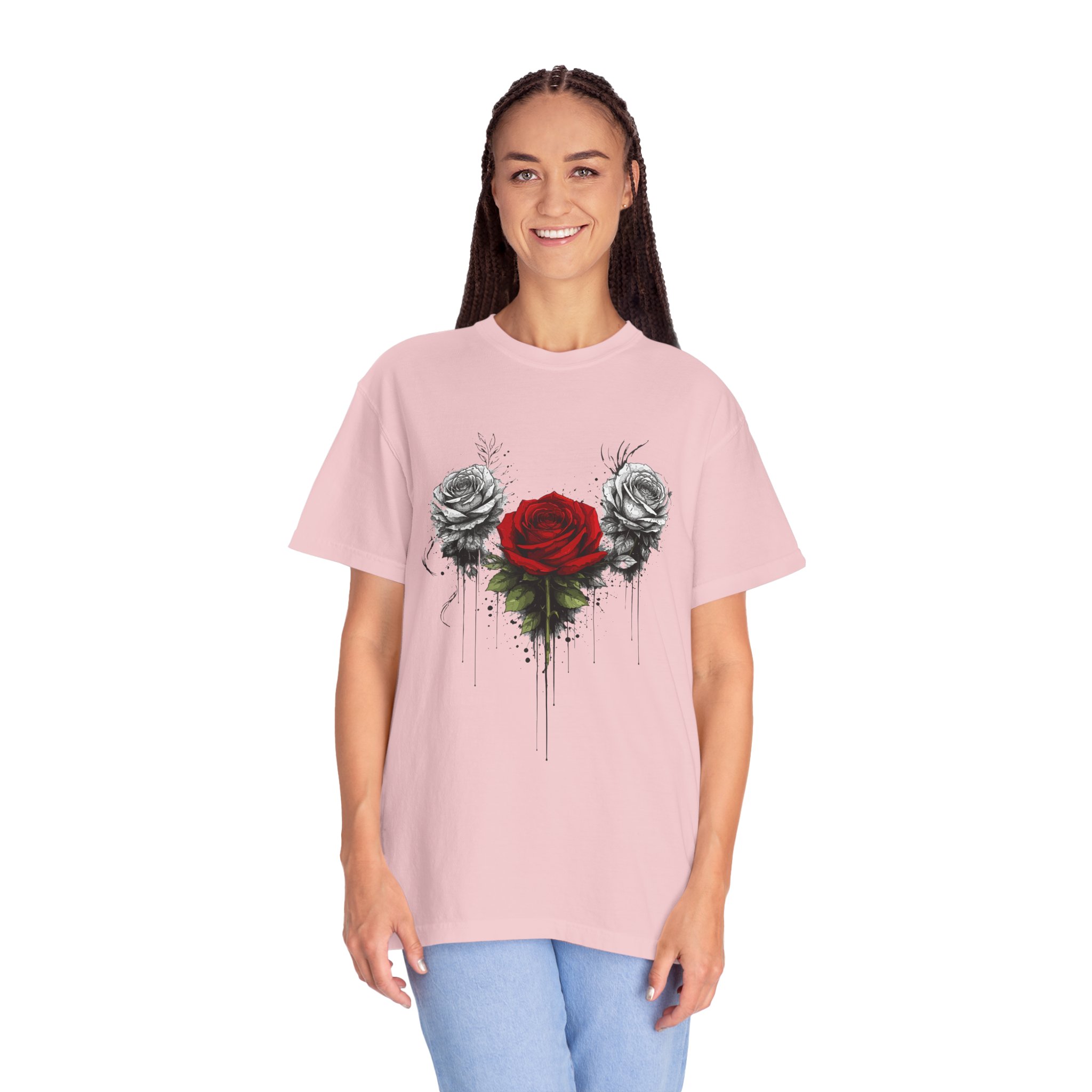 Rose Trio Graphic T-Shirt — Red Center Rose with Black & White Floral Art - Image 18