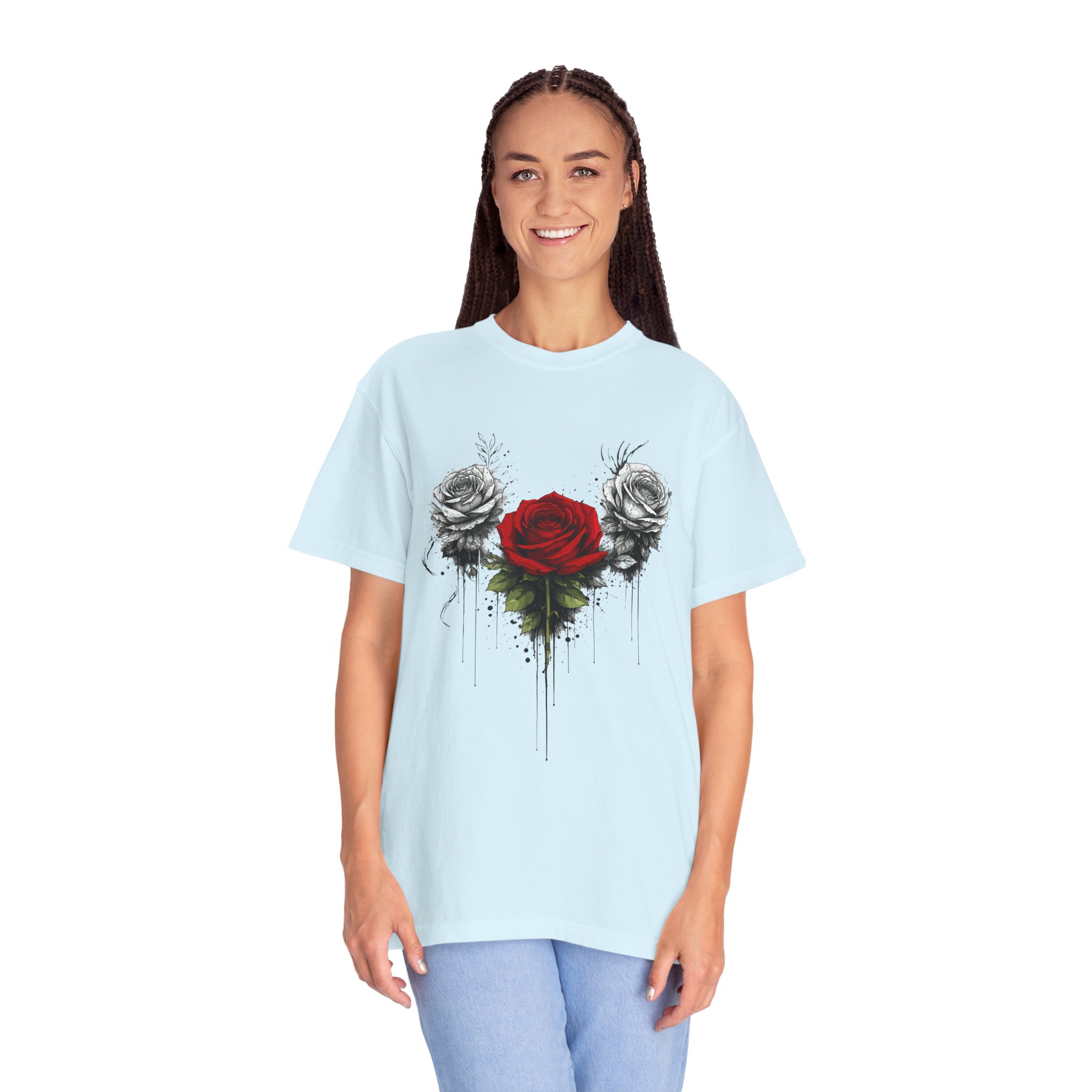 Rose Trio Graphic T-Shirt — Red Center Rose with Black & White Floral Art - Image 12
