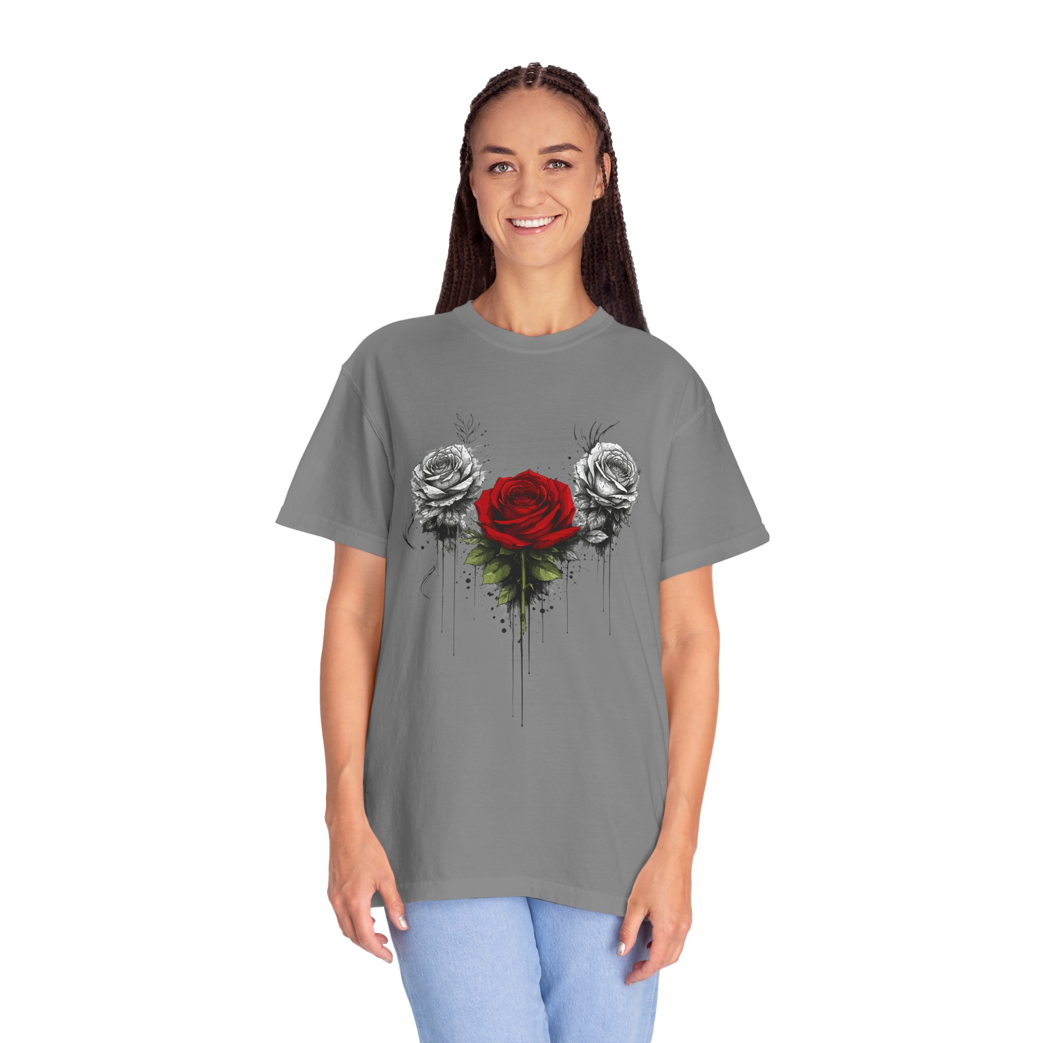 Rose Trio Graphic T-Shirt — Red Center Rose with Black & White Floral Art - Image 9