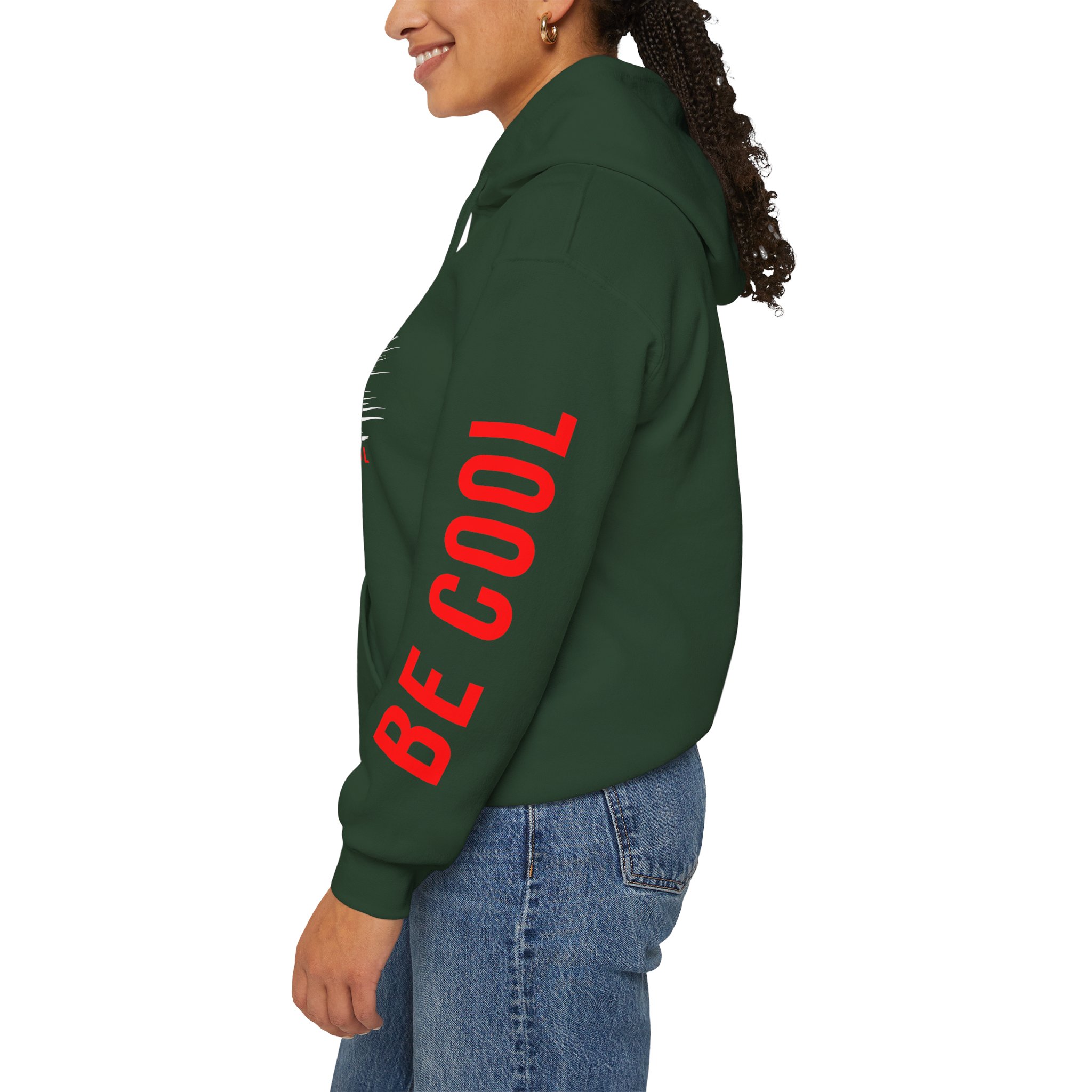 Just Be Cool Hoodie – Graphic Black Pullover with "JUST" Chest Print & Red Sleeve Text - Image 15