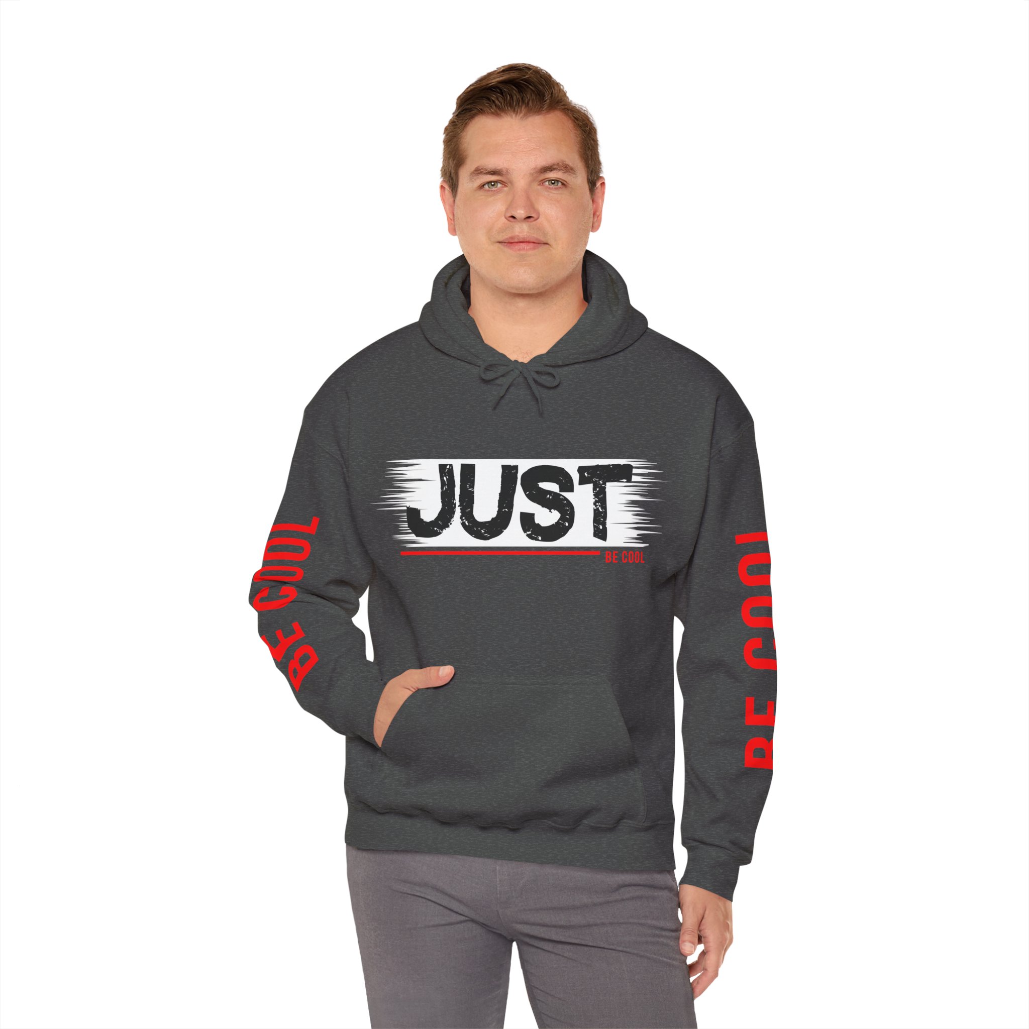 Just Be Cool Hoodie – Graphic Black Pullover with "JUST" Chest Print & Red Sleeve Text - Image 16