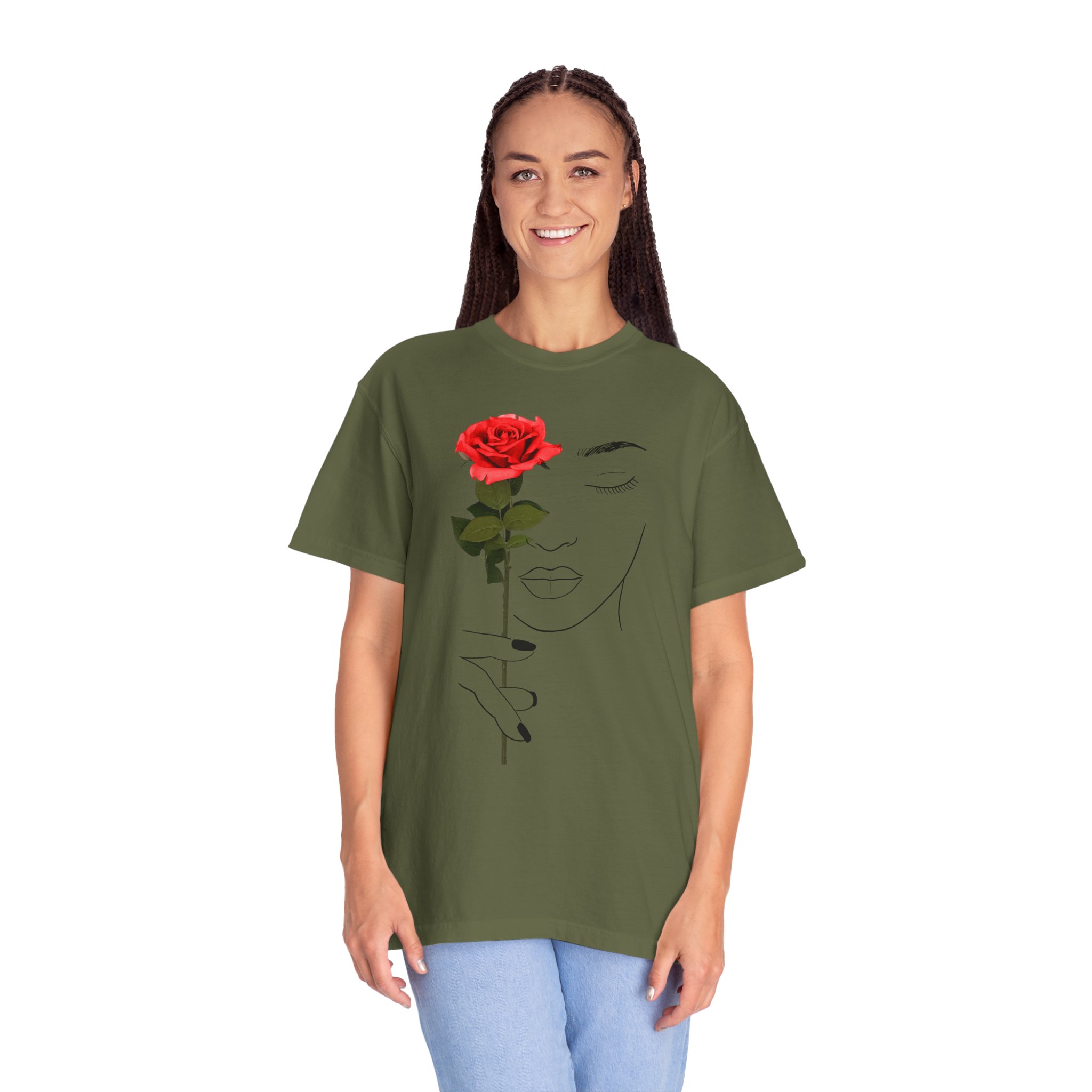 Minimal Line Art Rose T‑Shirt — Woman Holding Red Rose Graphic Tee - Image 9