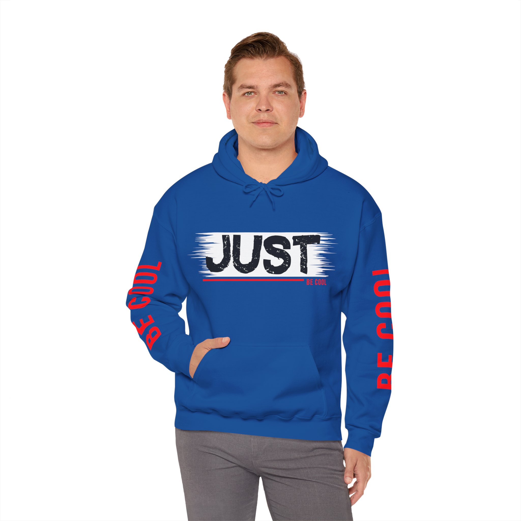 Just Be Cool Hoodie – Graphic Black Pullover with "JUST" Chest Print & Red Sleeve Text - Image 19